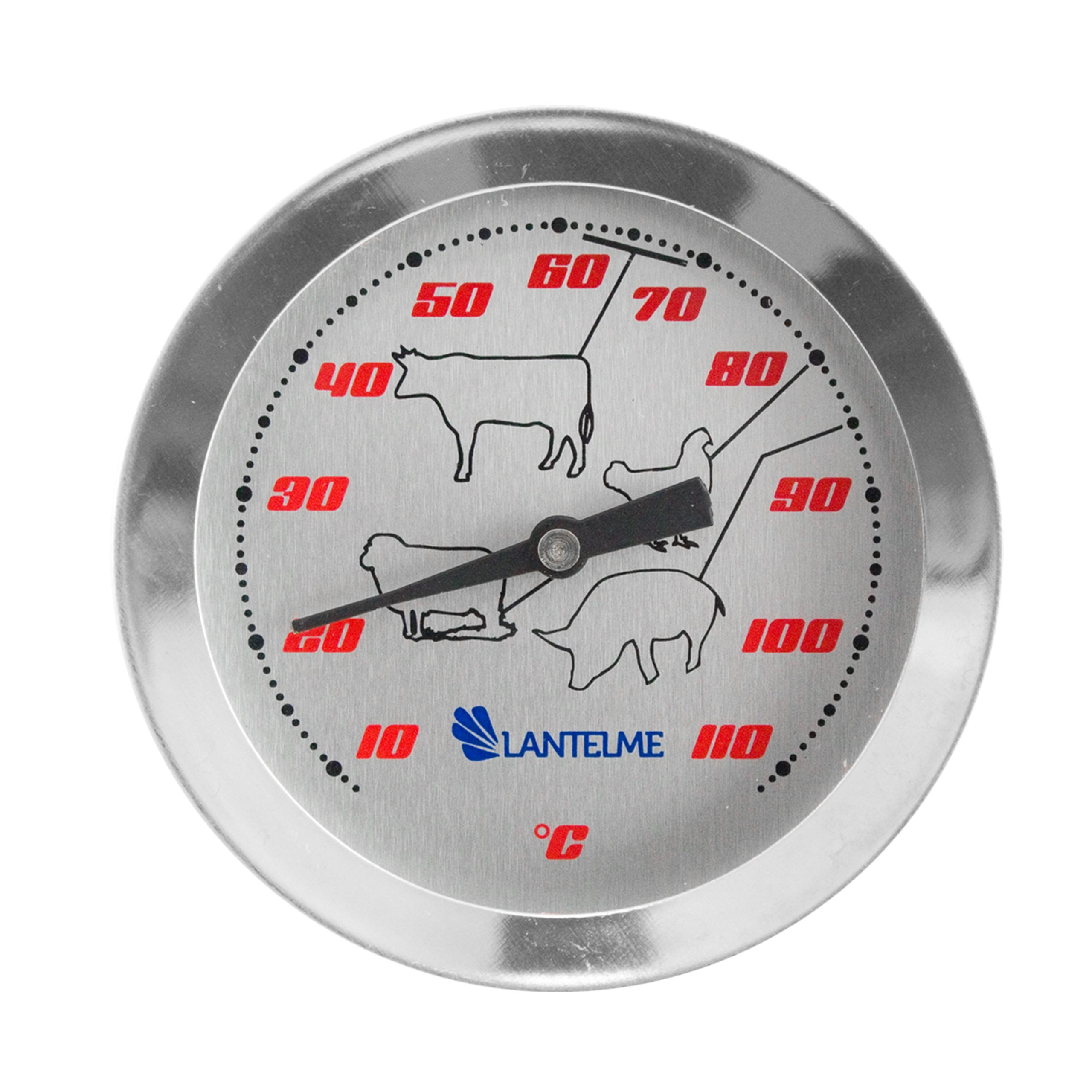 Rundes Fleischthermometer. Die Anzeige zeigt Tierformen für verschiedene Kochtemperaturen.
