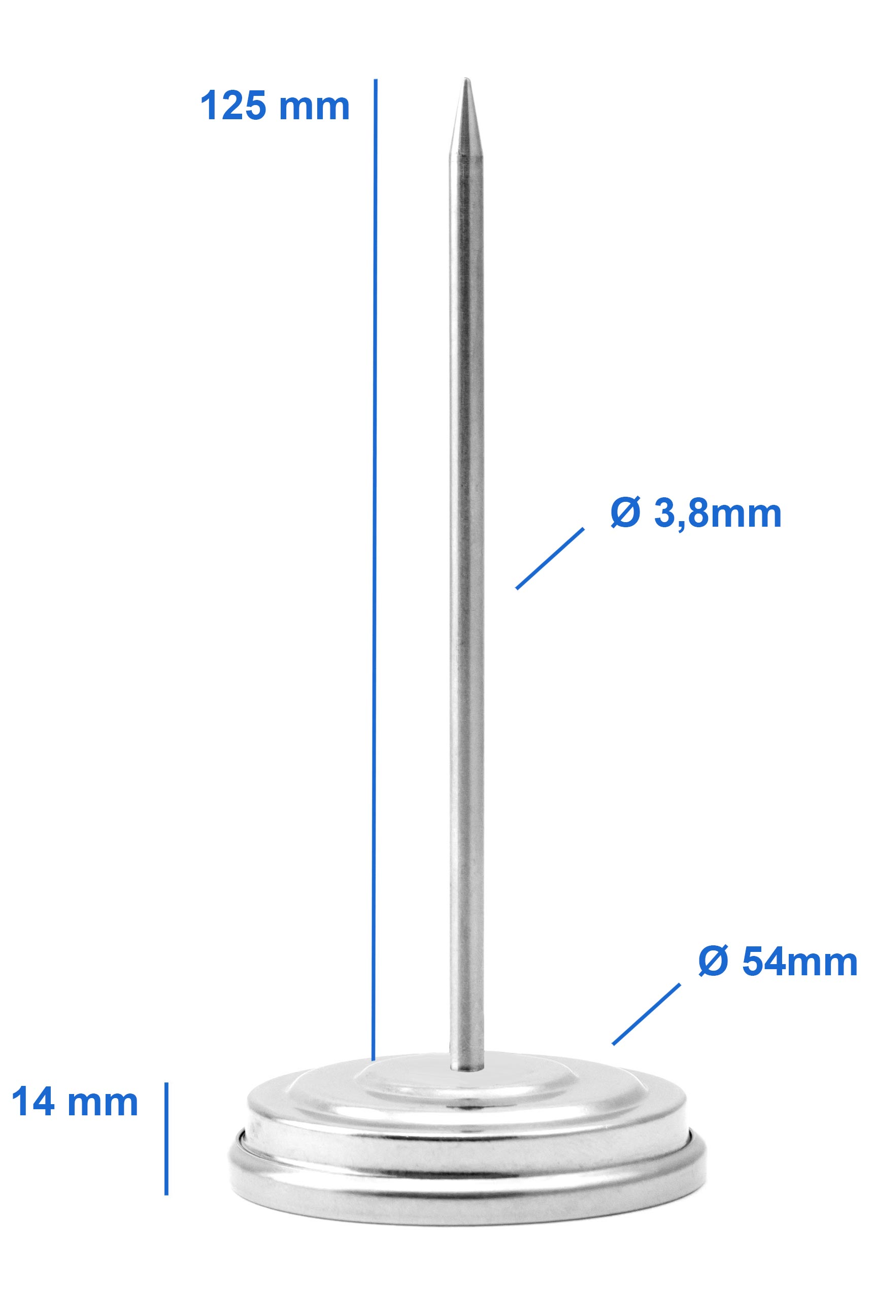 Ein Fleischthermometer aus Metall mit den Maßen 125 mm, 3,8 mm Durchmesser und 54 mm Durchmesser.