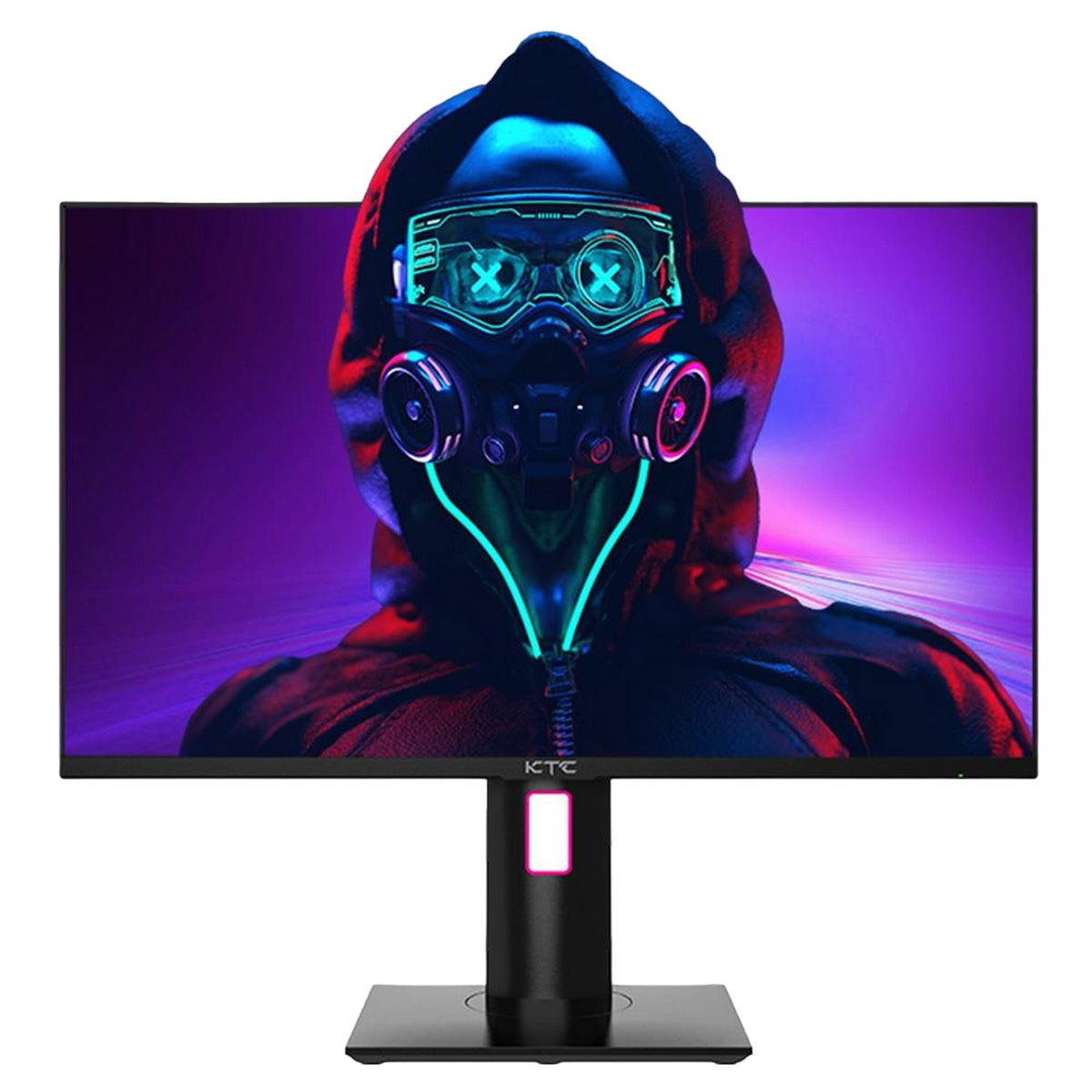 Czarny monitor ze sceną z gry. Scena przedstawia osobę w masce. Czarne tło.