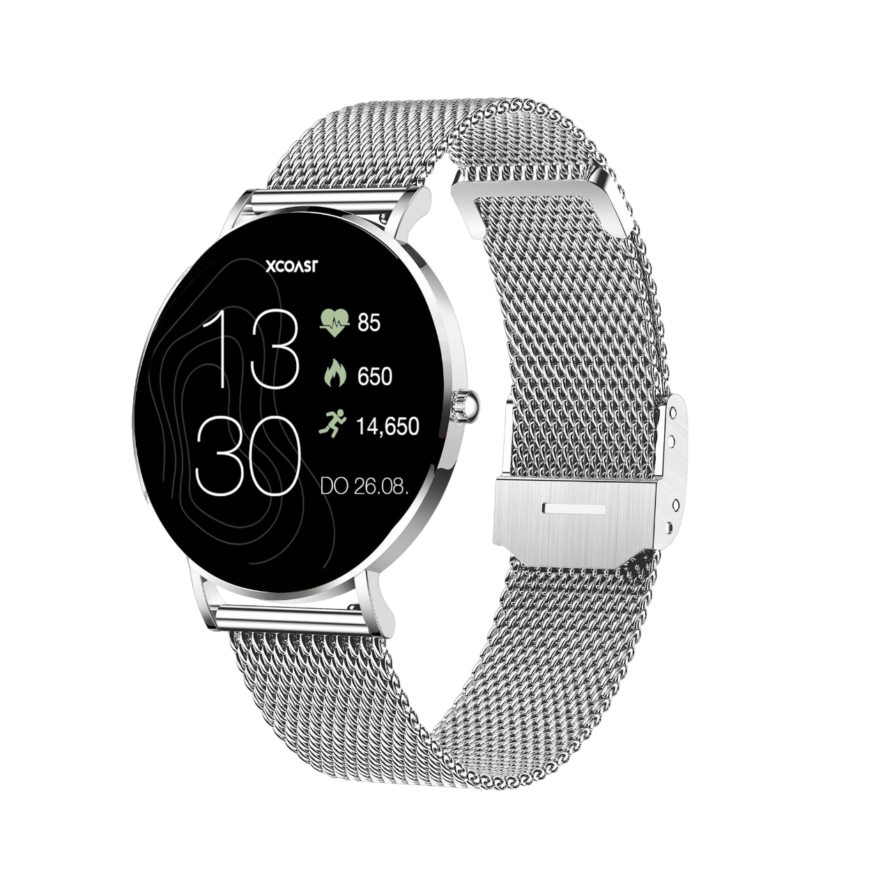 Smartwatch mit Mesh-Armband. Zeigt Zeit, Schritte, Herzfrequenz und Datum an.
