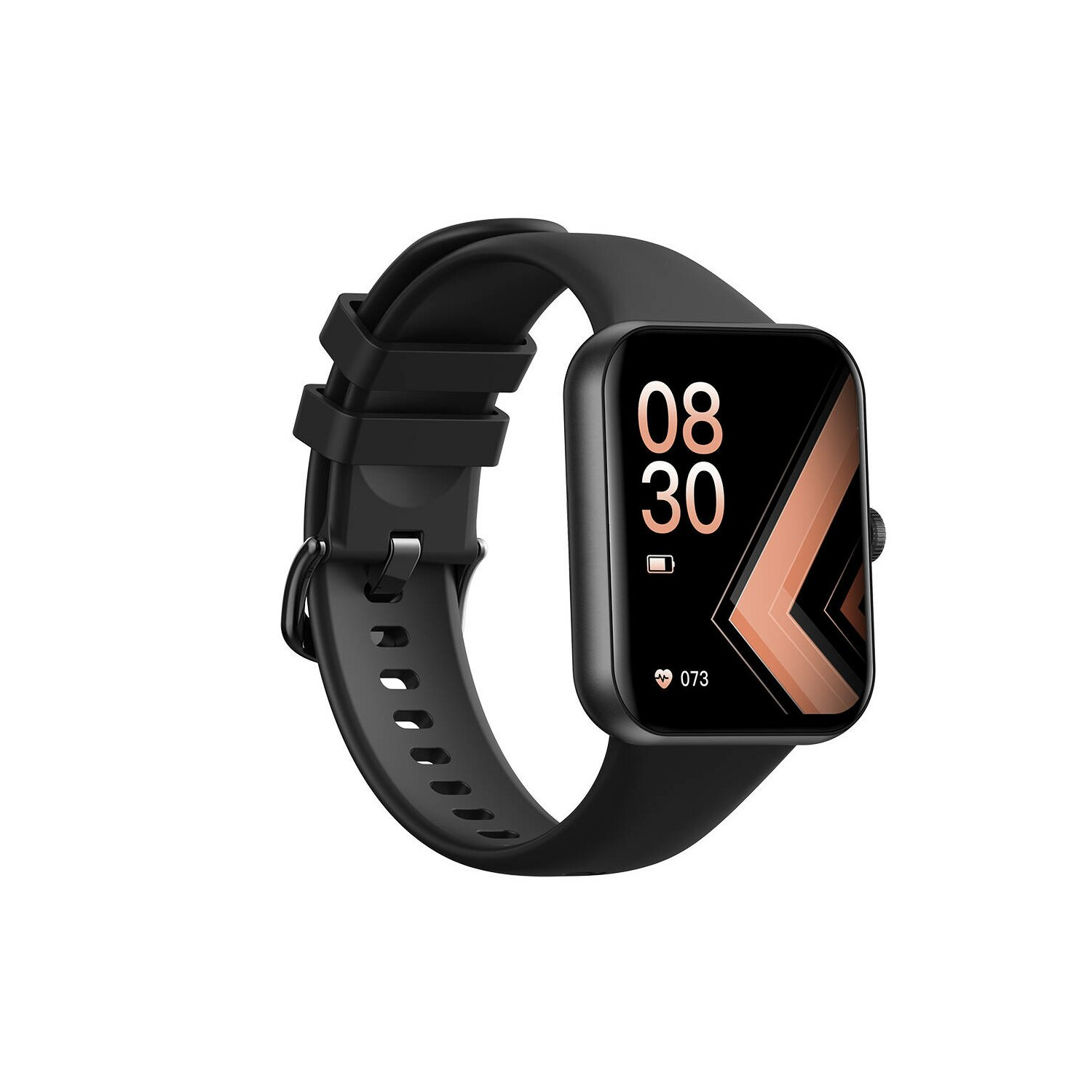 Eine schwarze Smartwatch zeigt die Uhrzeit und ein Batteriesymbol an. Die Uhr hat ein schwarzes Armband.