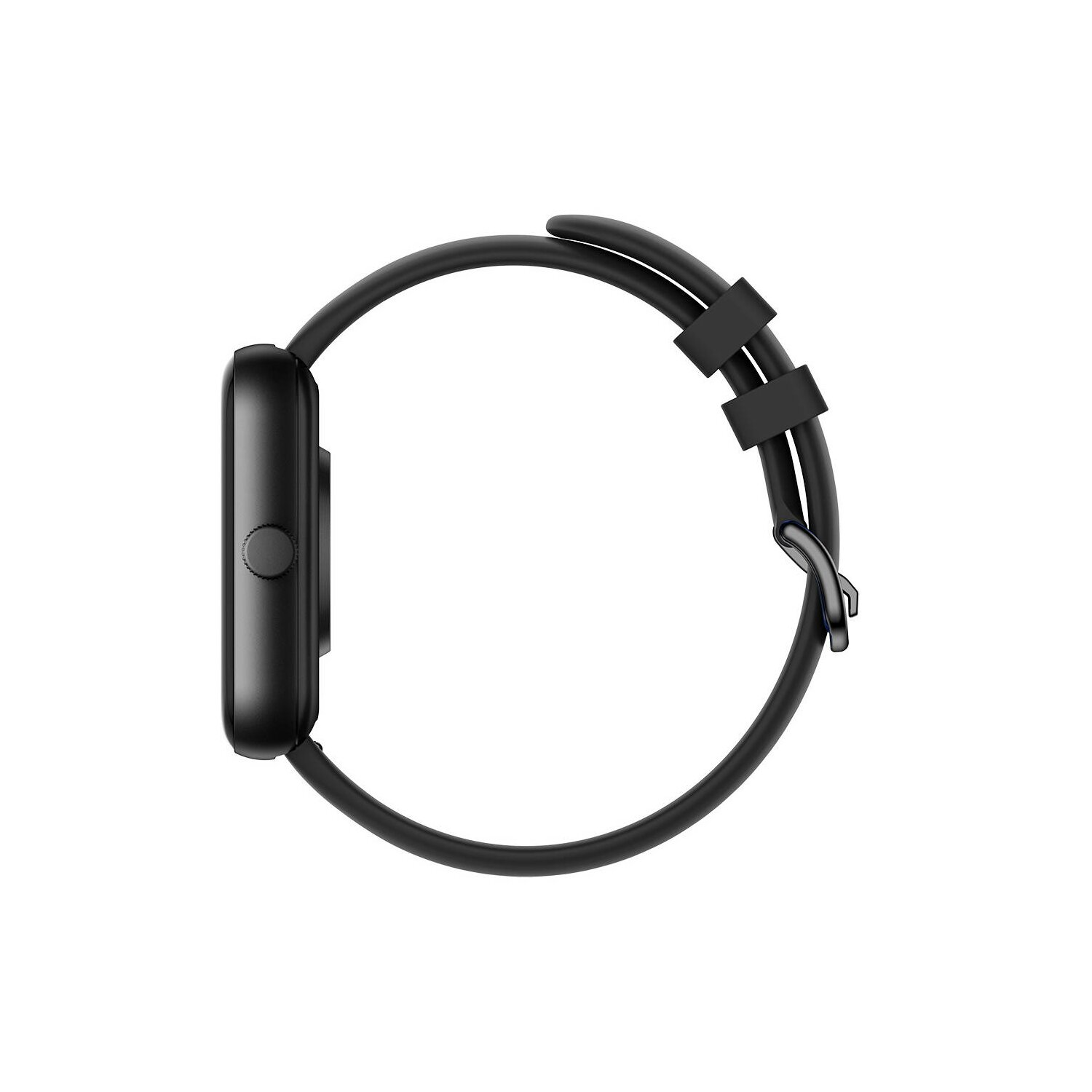 Eine schwarze Smartwatch von der Seite betrachtet. Die Uhr hat ein abgerundetes quadratisches Zifferblatt und ein schwarzes Armband.