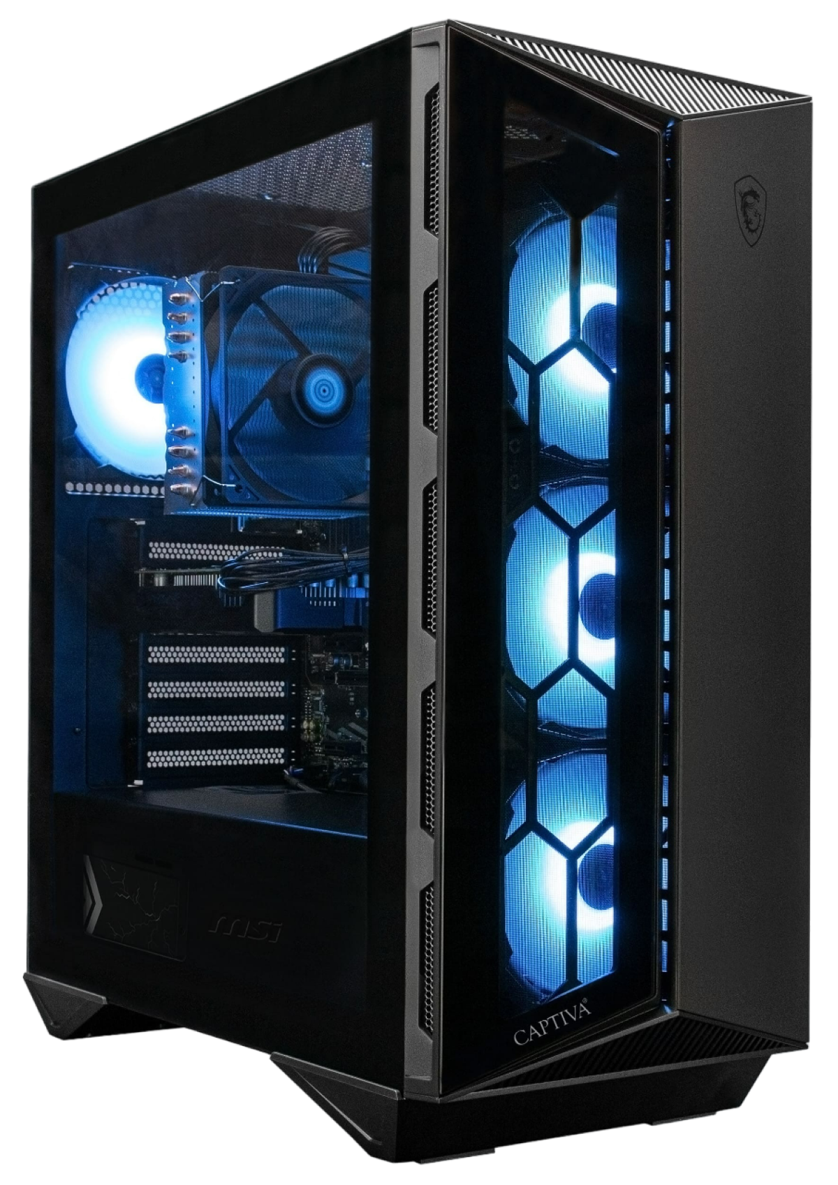 Ein schwarzes Computergehäuse mit RGB-Beleuchtung. Es ist ein Captiva-Marken-MSI-Desktop-Gehäuse.