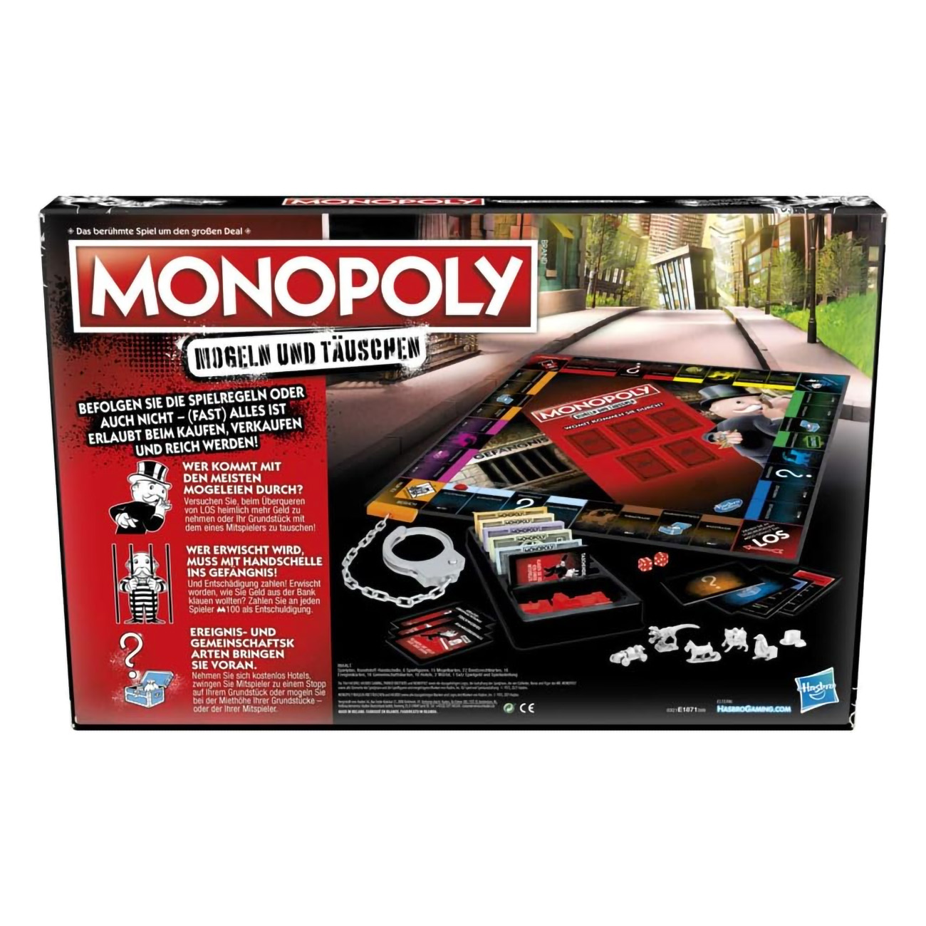 Eine Monopoly-Brettspielbox, die das Spielbrett und die Spielsteine zeigt. Text auf Deutsch.