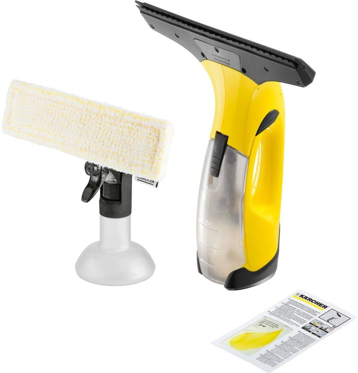 Limpiacristales amarillo con botella rociadora y hoja de instrucciones.