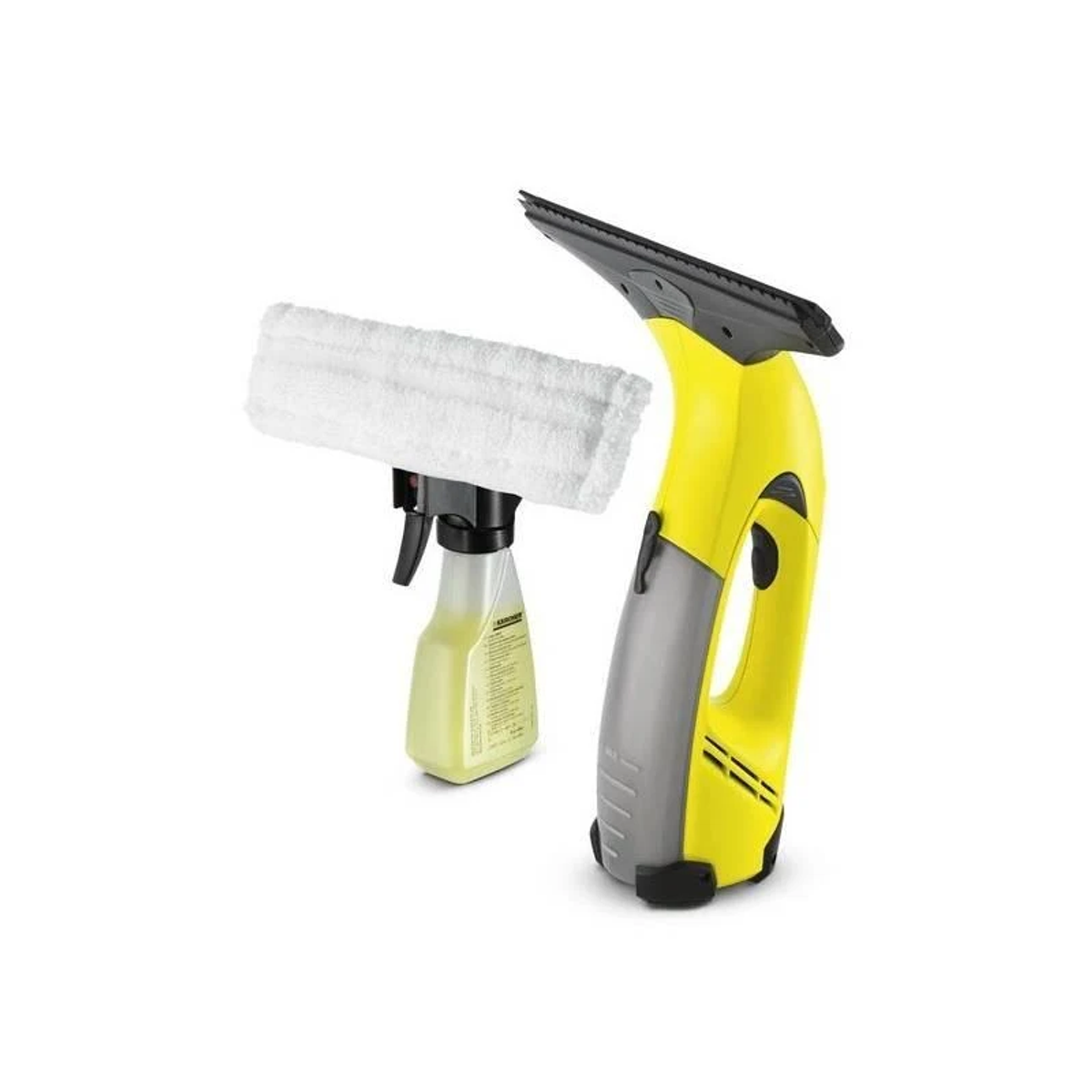 Limpiacristales amarillo y gris con almohadilla de microfibra blanca y botella de spray.