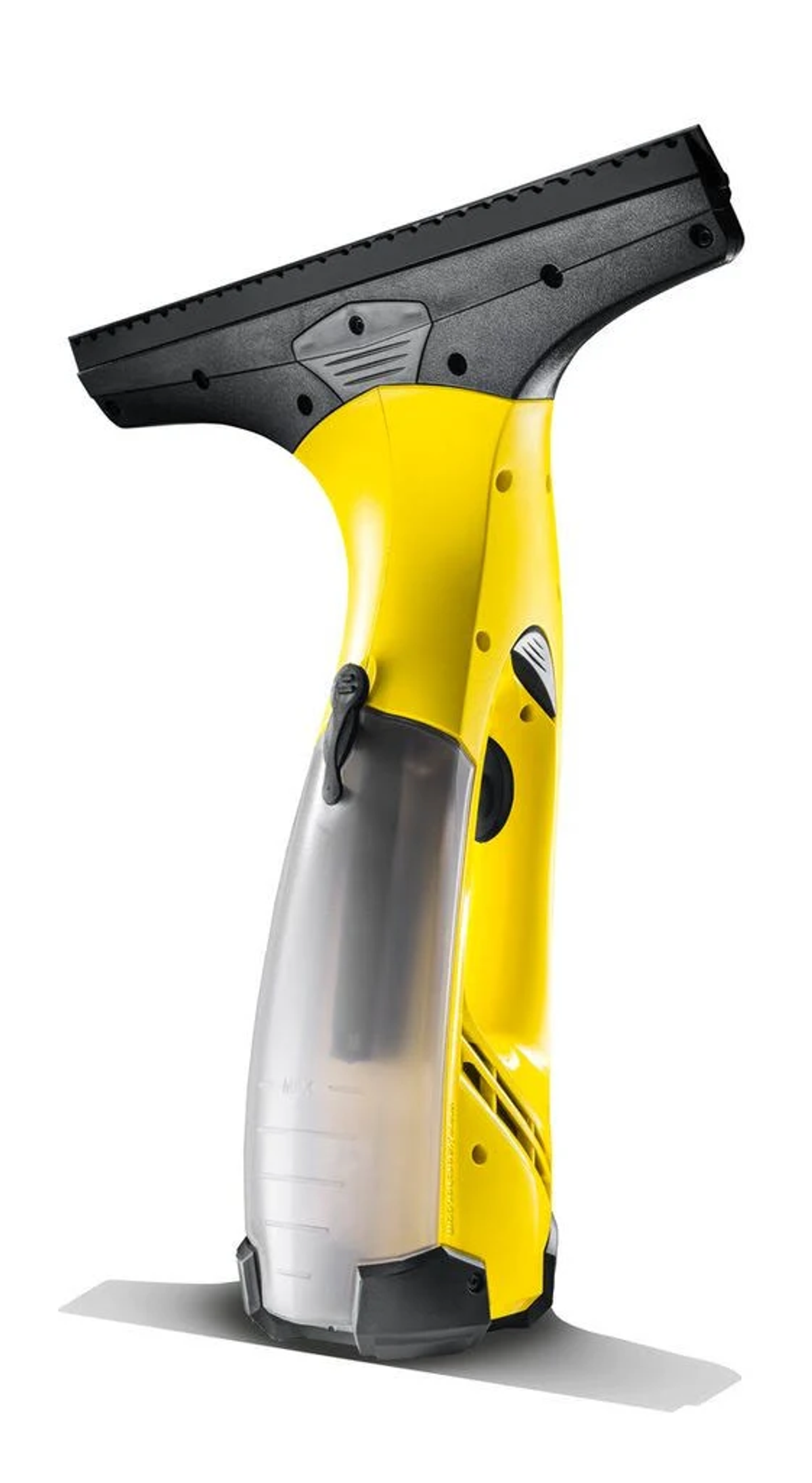 Un limpiacristales portátil amarillo y negro sobre un fondo blanco.