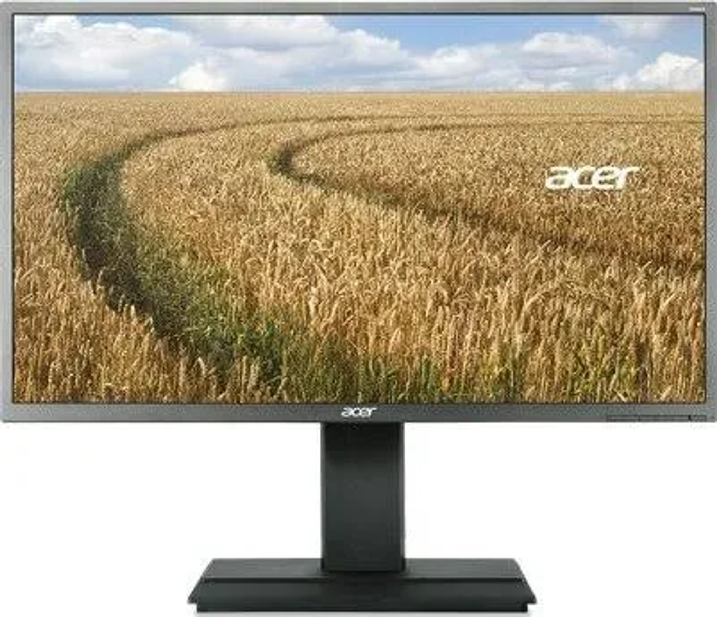 Monitor Acer che mostra un campo di grano sotto un cielo blu. Il monitor è su un supporto nero.