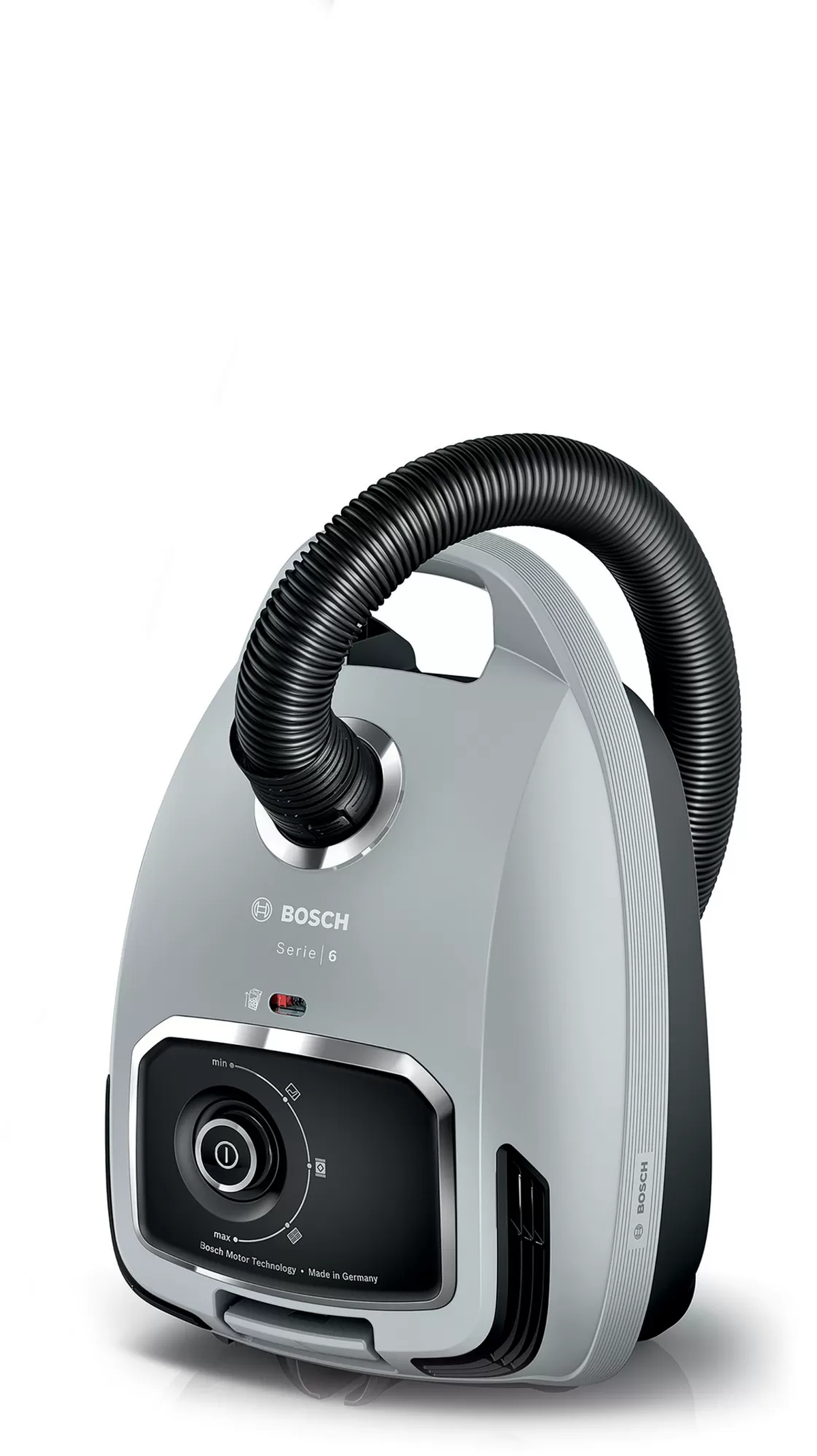 Un aspirapolvere grigio con un tubo nero. Il marchio è Bosch.