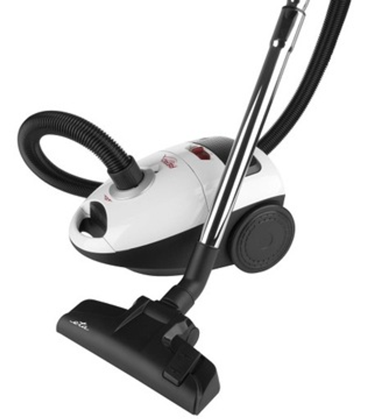Un aspirapolvere bianco e nero con tubo, manico e testina, su sfondo bianco.