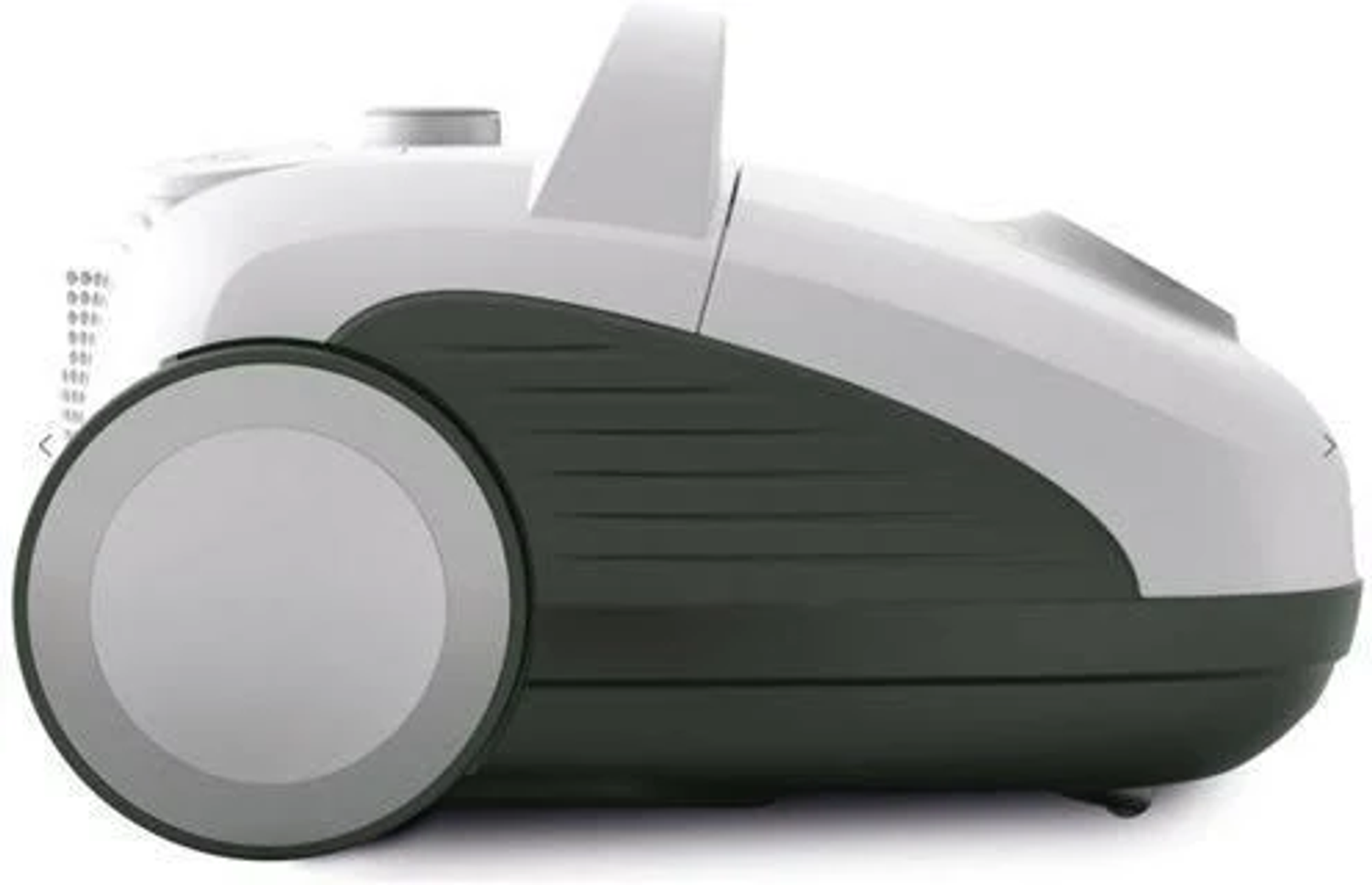 Een witte en grijze stofzuiger. De stofzuiger heeft een groot wiel en een handvat bovenop.