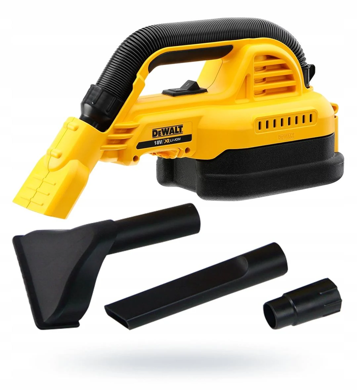 Ein gelb-schwarzer kabelloser Dewalt-Staubsauger mit verschiedenen Düsen.