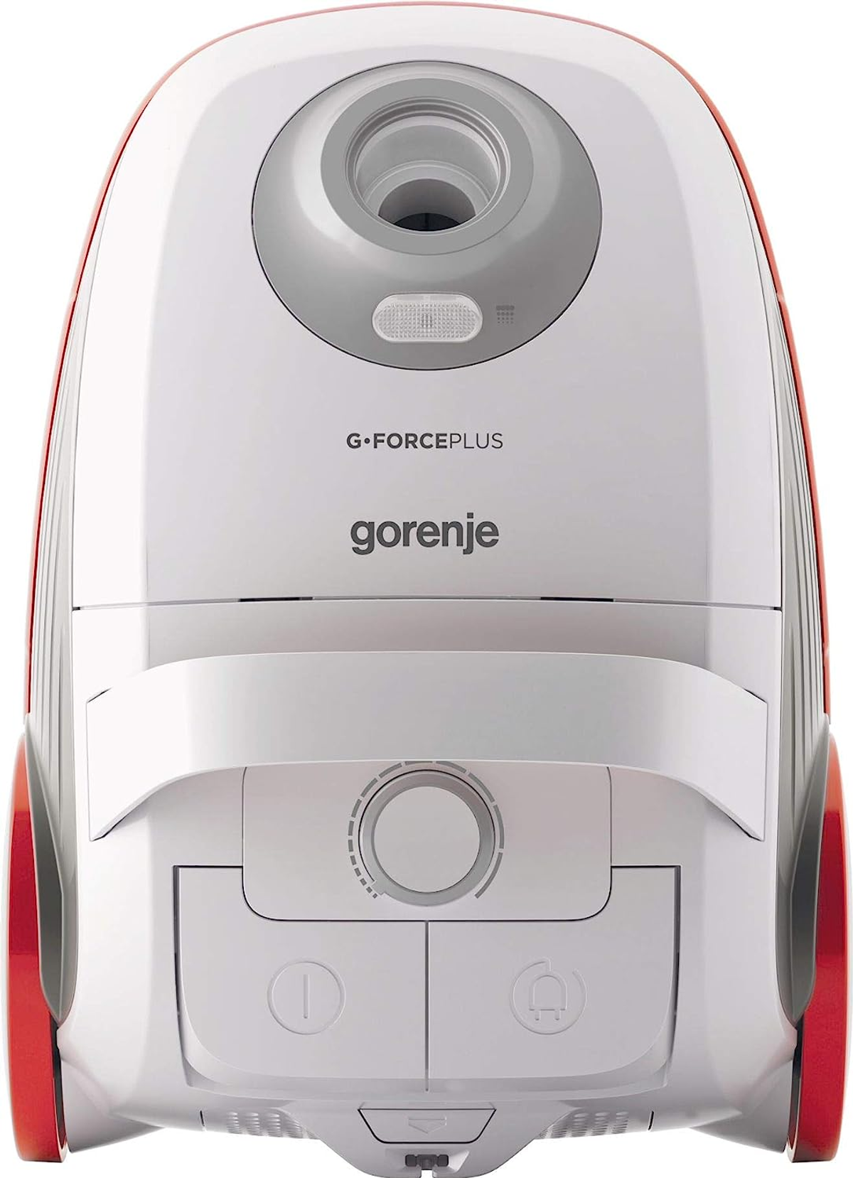 Biały i czerwony odkurzacz z marką 'G-FORCEPLUS' i 'gorenje'.