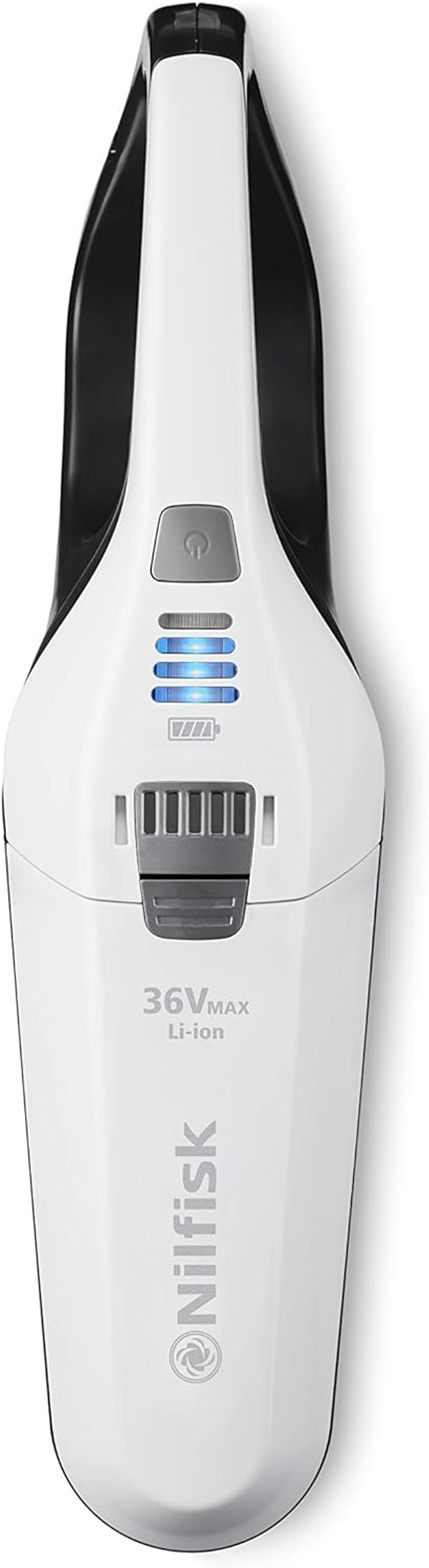 Aspirateur à main blanc et noir, avec voyants d'alimentation bleus.