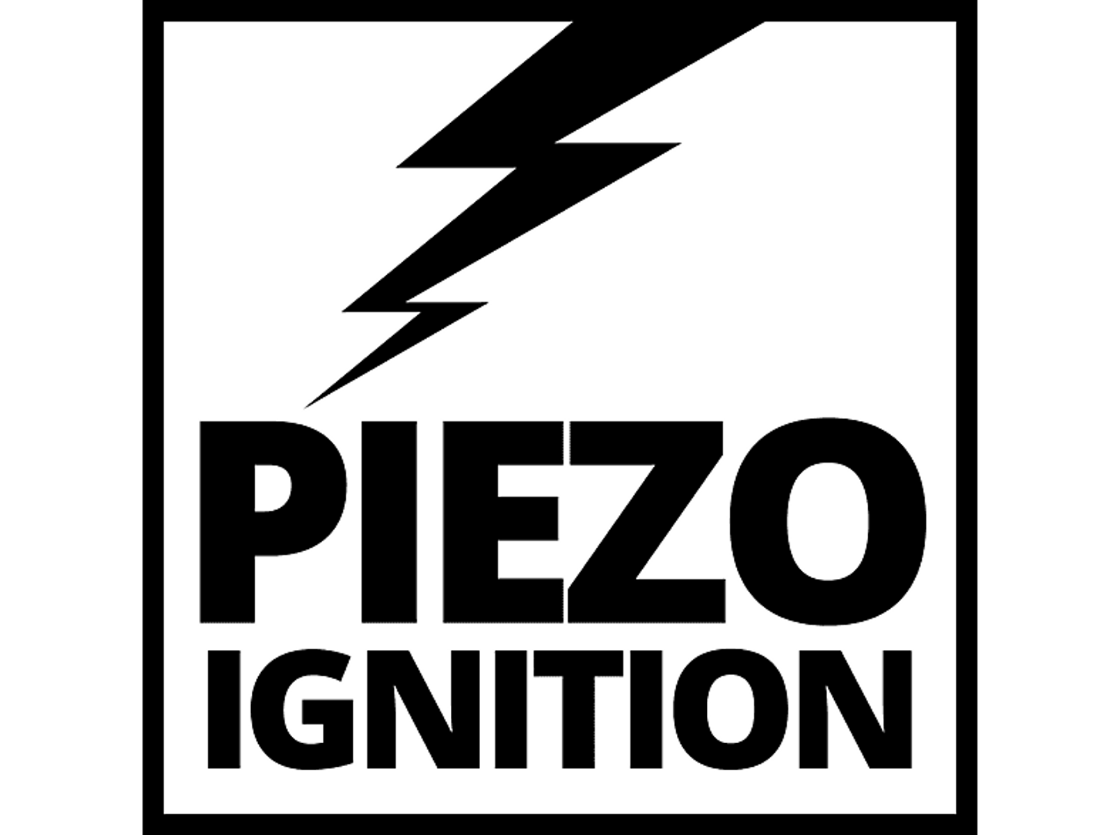 Schwarz-weißes Logo mit einem Blitz über den Worten 'PIEZO IGNITION'.