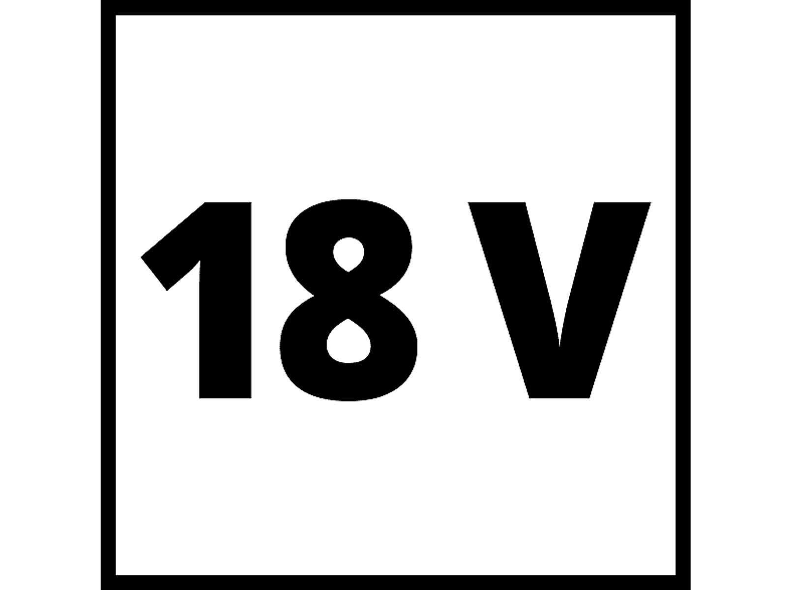 Weißes Quadrat mit 18 V in schwarzem Text auf schwarzem Hintergrund.