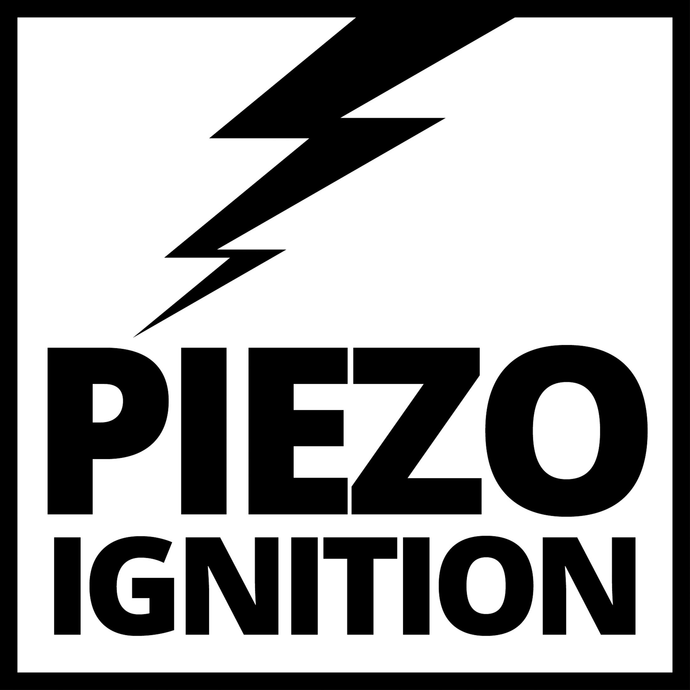 Schwarzes PIEZO IGNITION Logo mit Blitz über dem Text in einem weißen Quadrat.
