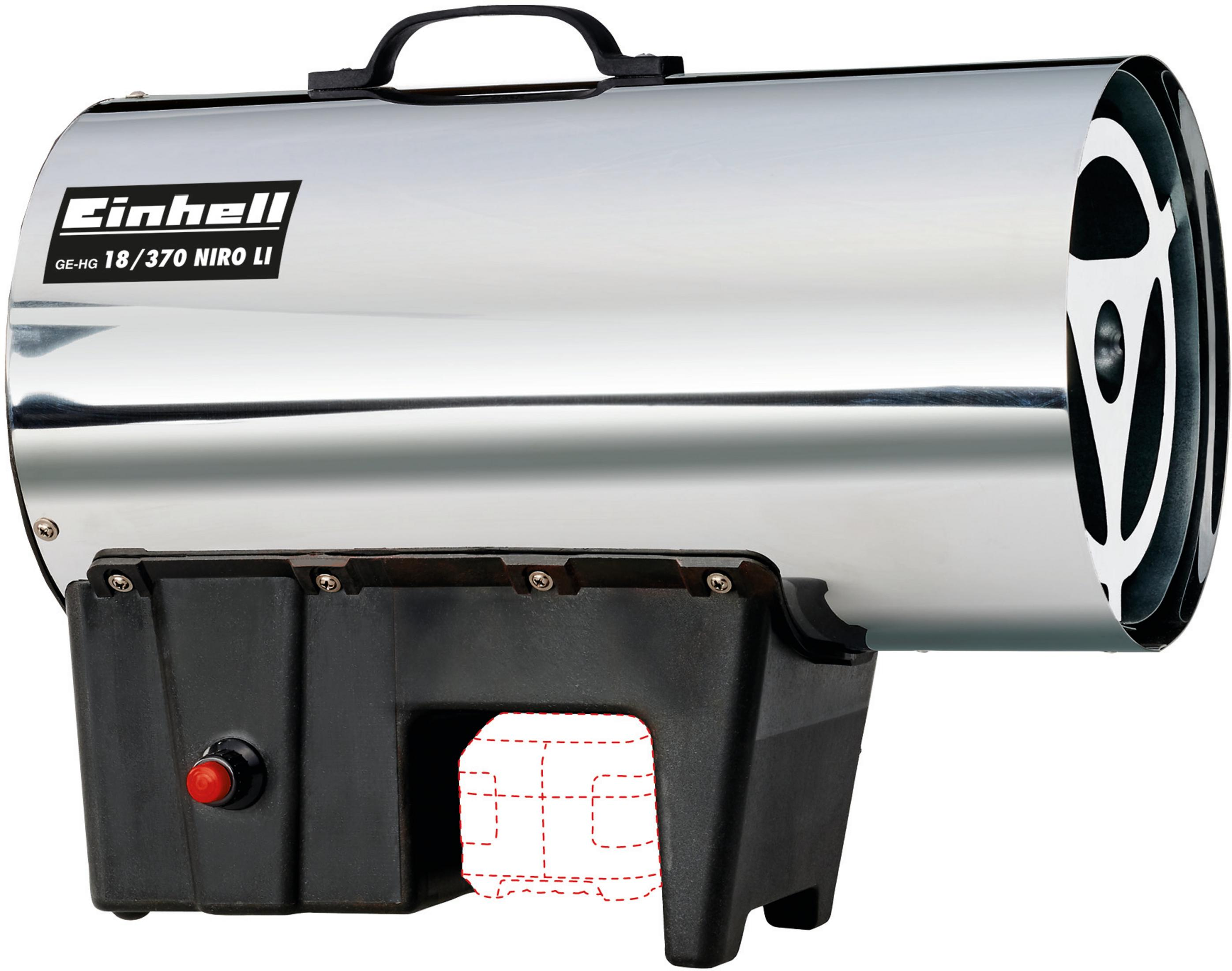 Silberner Einhell-Heizlüfter. Schwarzer Sockel, roter Knopf und Text: GE-HG 18/370 Niro LI.