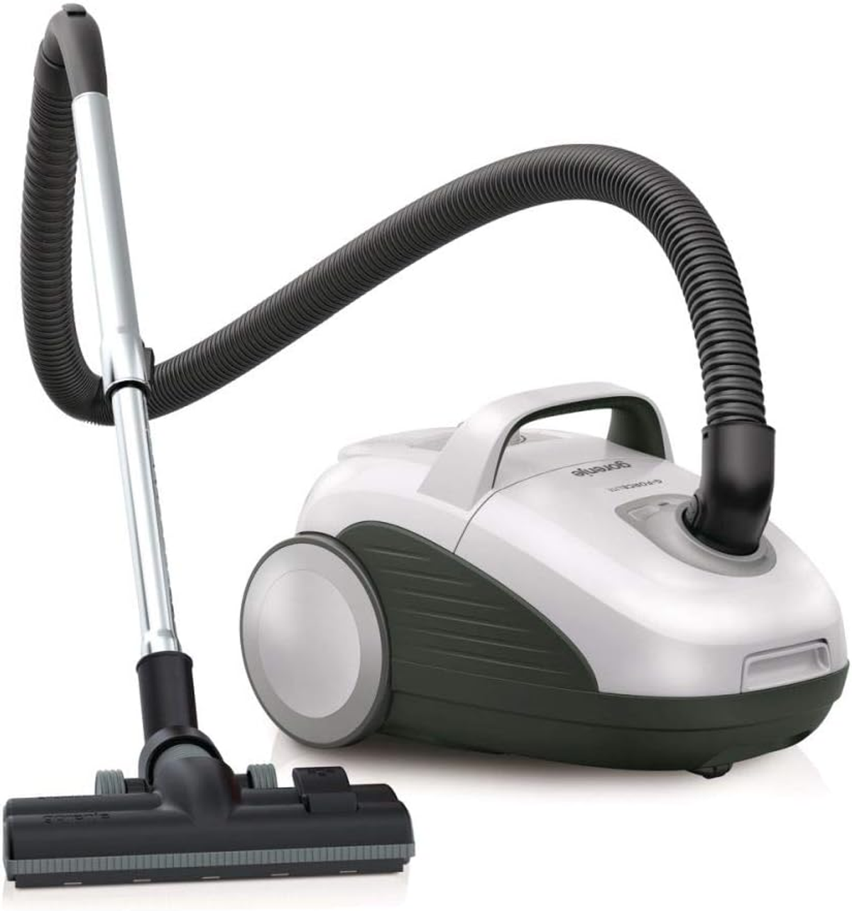 Biały i ciemnoszary odkurzacz z wężem i głowicą czyszczącą. Na białym tle.