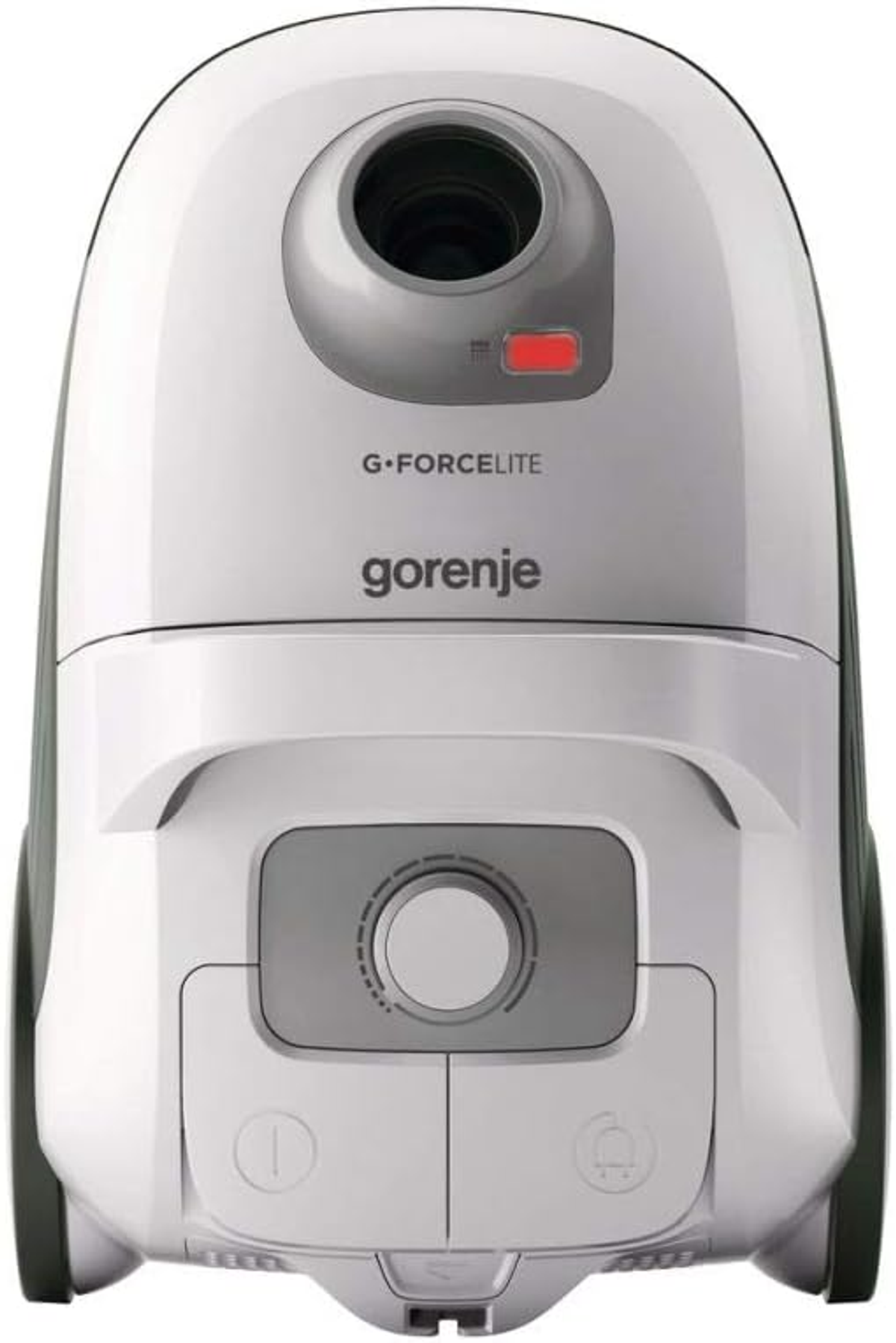 Biały odkurzacz Gorenje G-FORCELITE z szarym panelem sterowania i okrągłym designem.