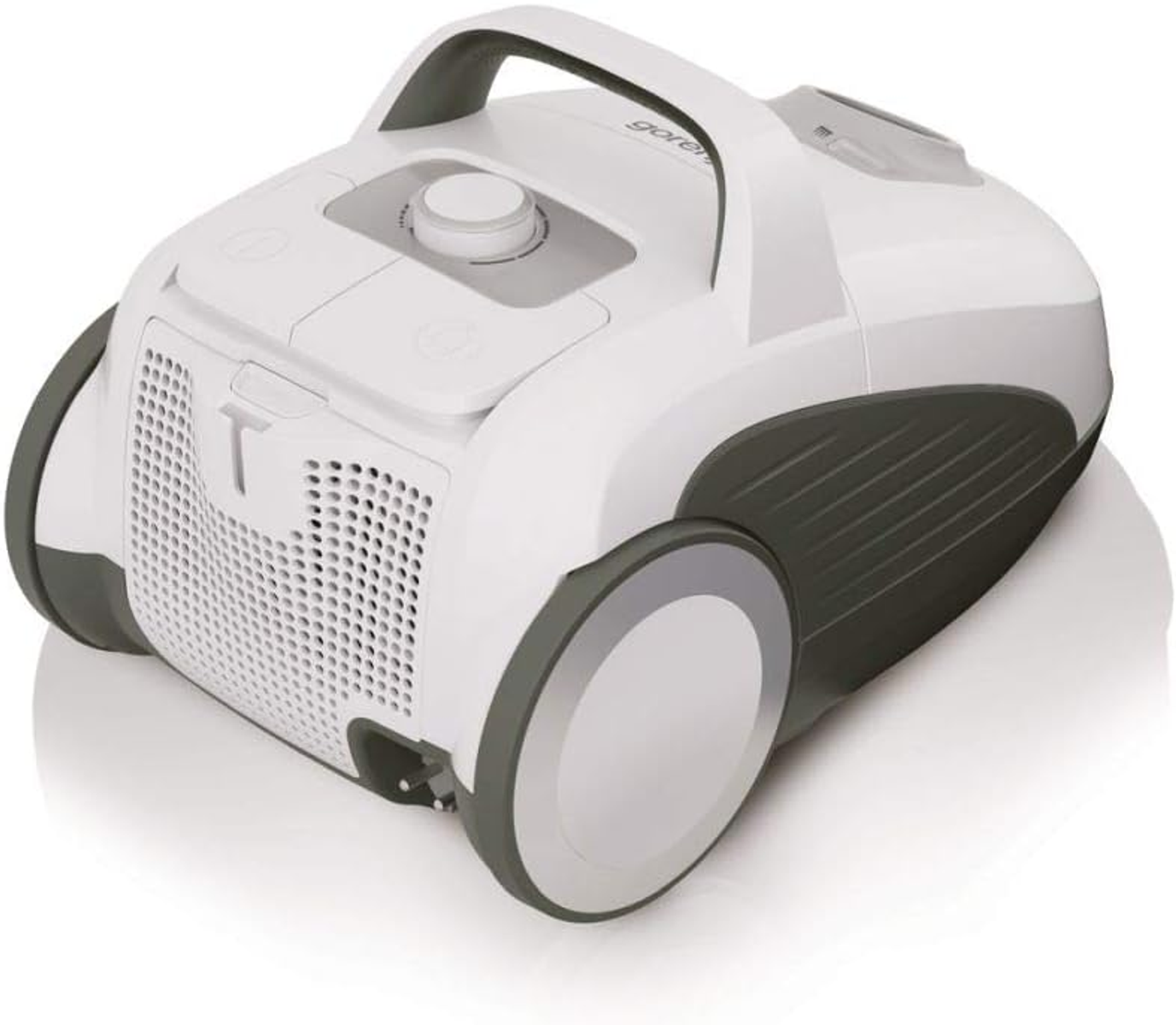 Biały odkurzacz z szarymi akcentami. Posiada uchwyt i kółka, ujęcie z ukosa.