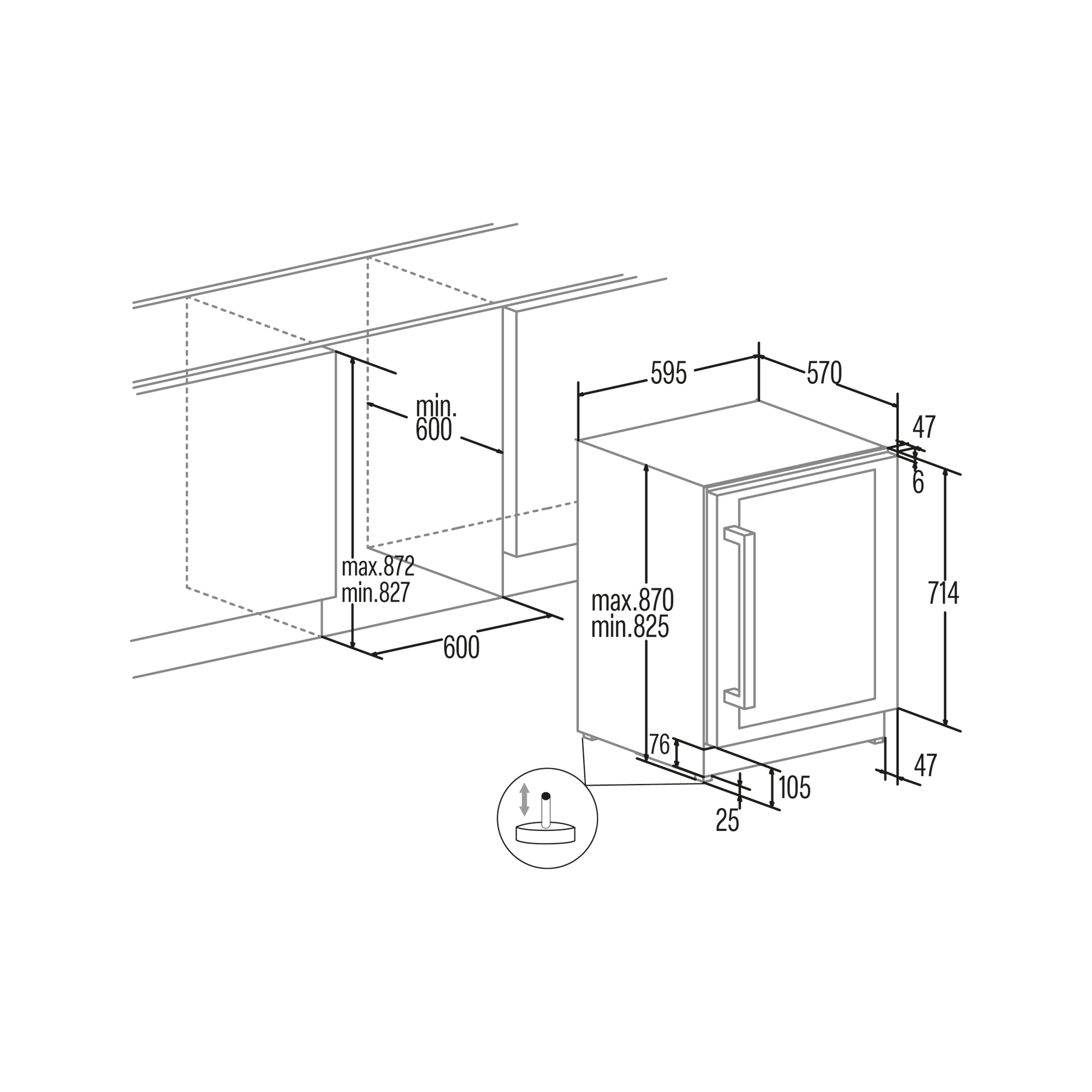 Diagrama de un refrigerador pequeño con dimensiones e instrucciones de instalación.