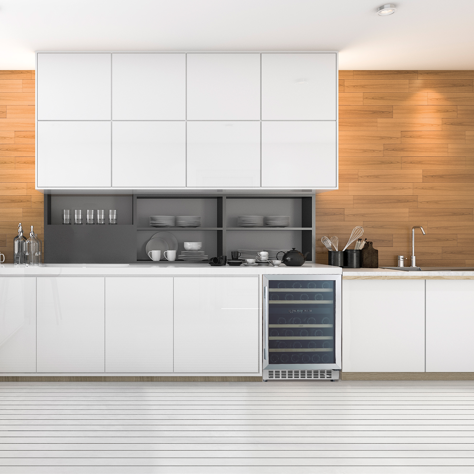 Cocina moderna con gabinetes blancos, pared de madera y electrodomésticos de acero.