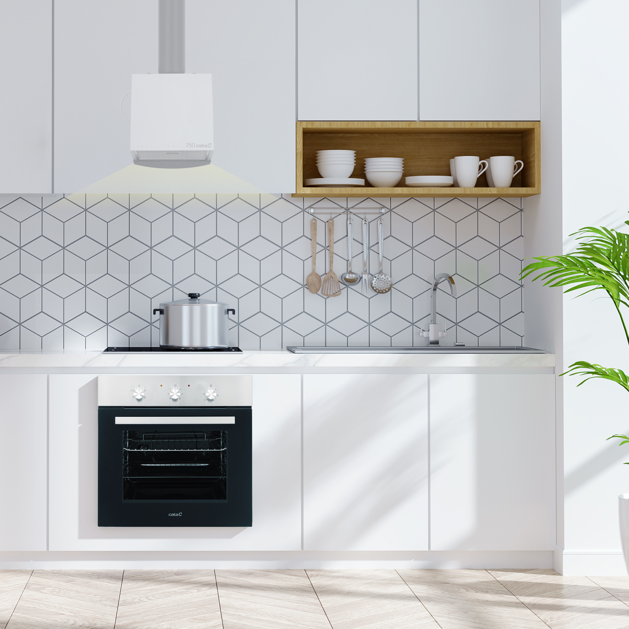 Cocina moderna con gabinetes blancos, horno negro y campana extractora blanca. Estante de madera y planta.