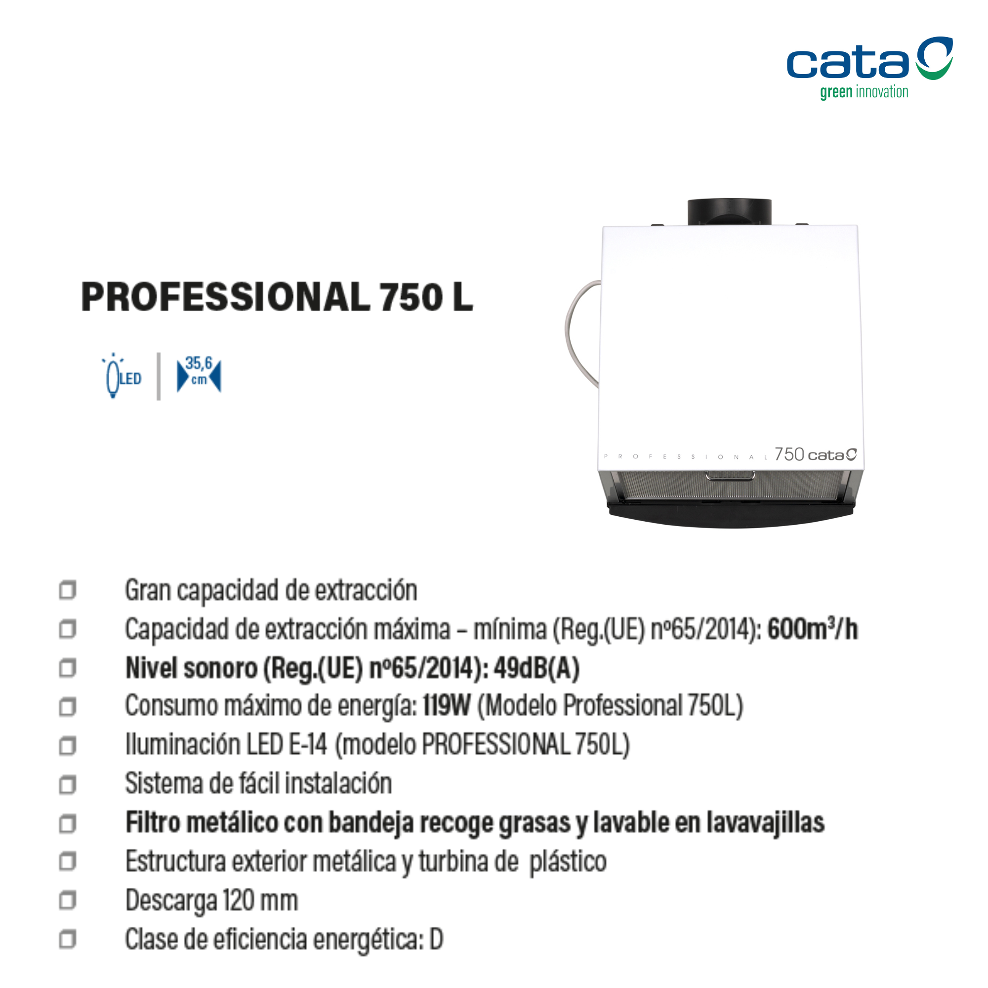 Campana extractora blanca con texto y especificaciones.