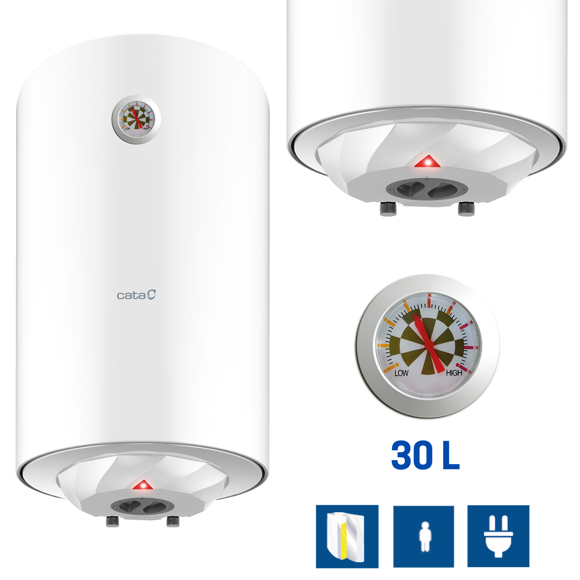 Calentador de agua blanco con un indicador rojo y texto 30L con iconos.