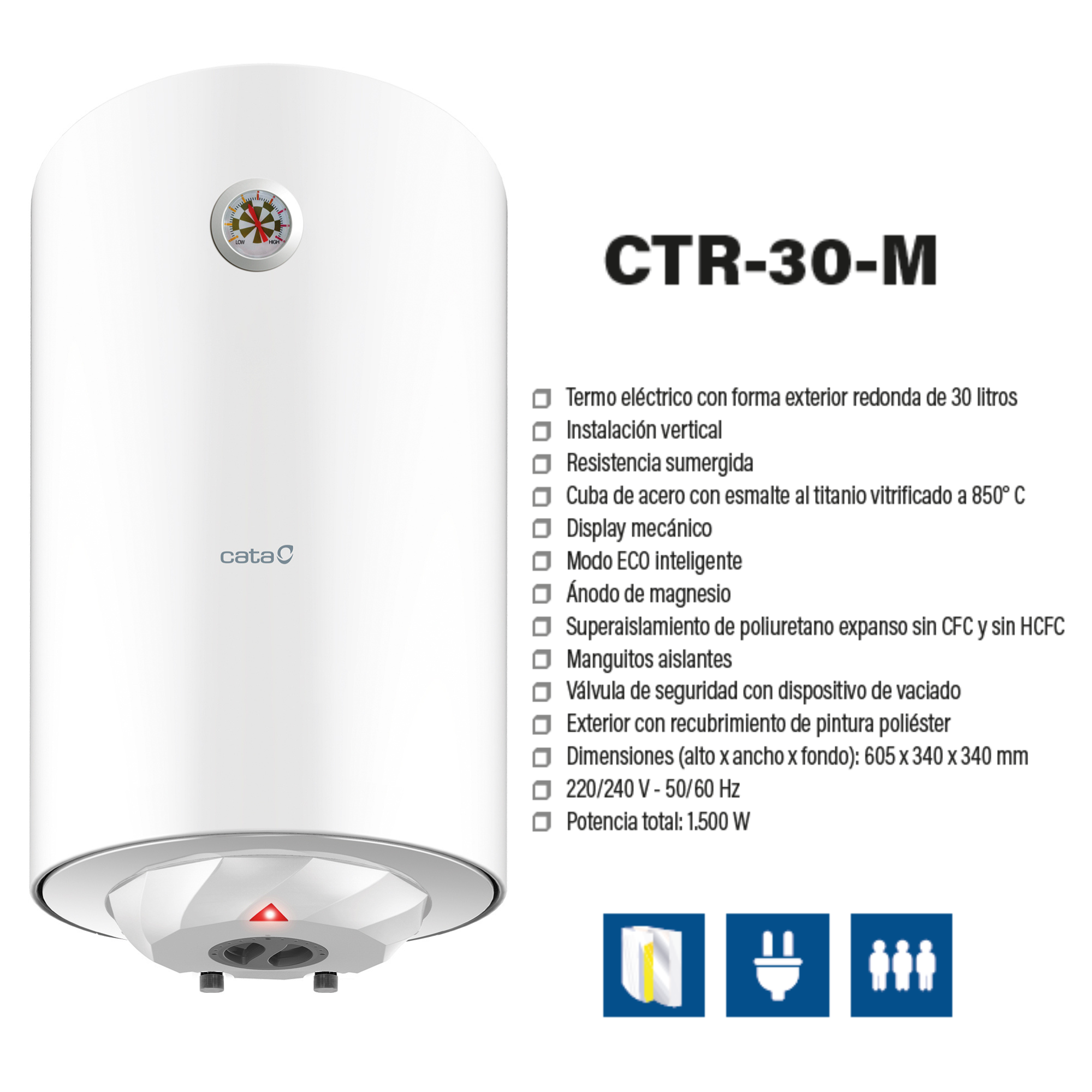 Calentador de agua Cata CTR-30-M blanco con especificaciones y diagramas.