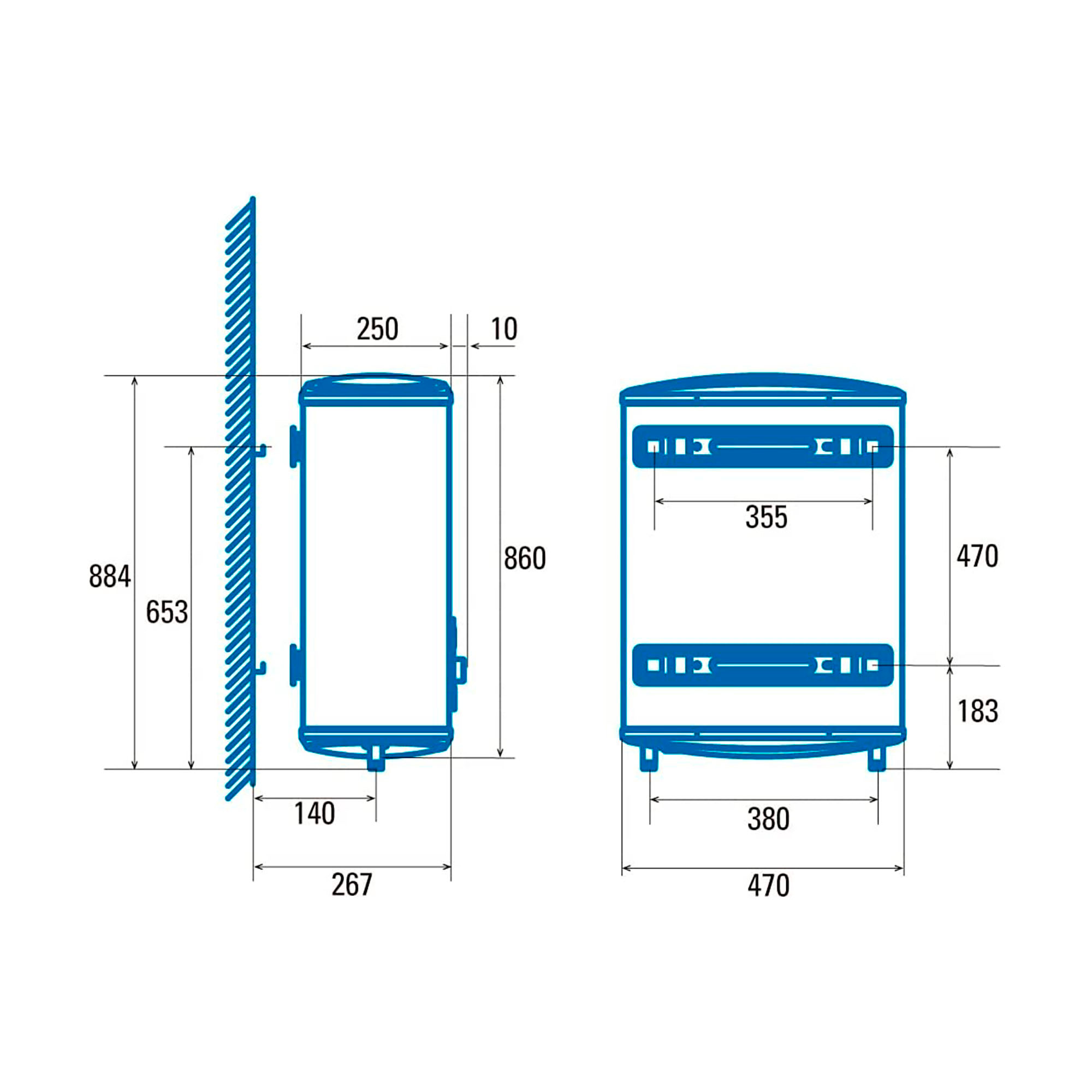 Dibujo técnico de un calentador de agua. Muestra vistas frontal y lateral con dimensiones.