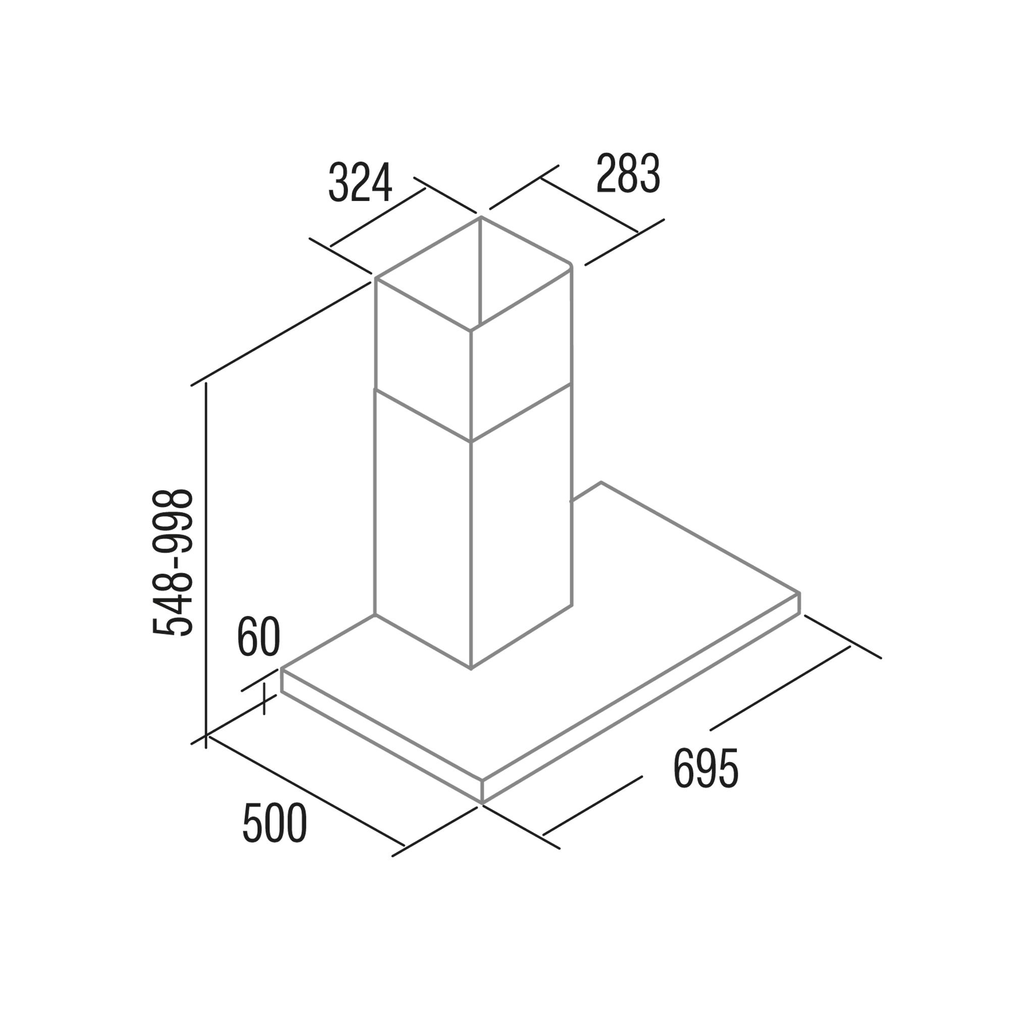 Diagramma di una cappa aspirante con misure.