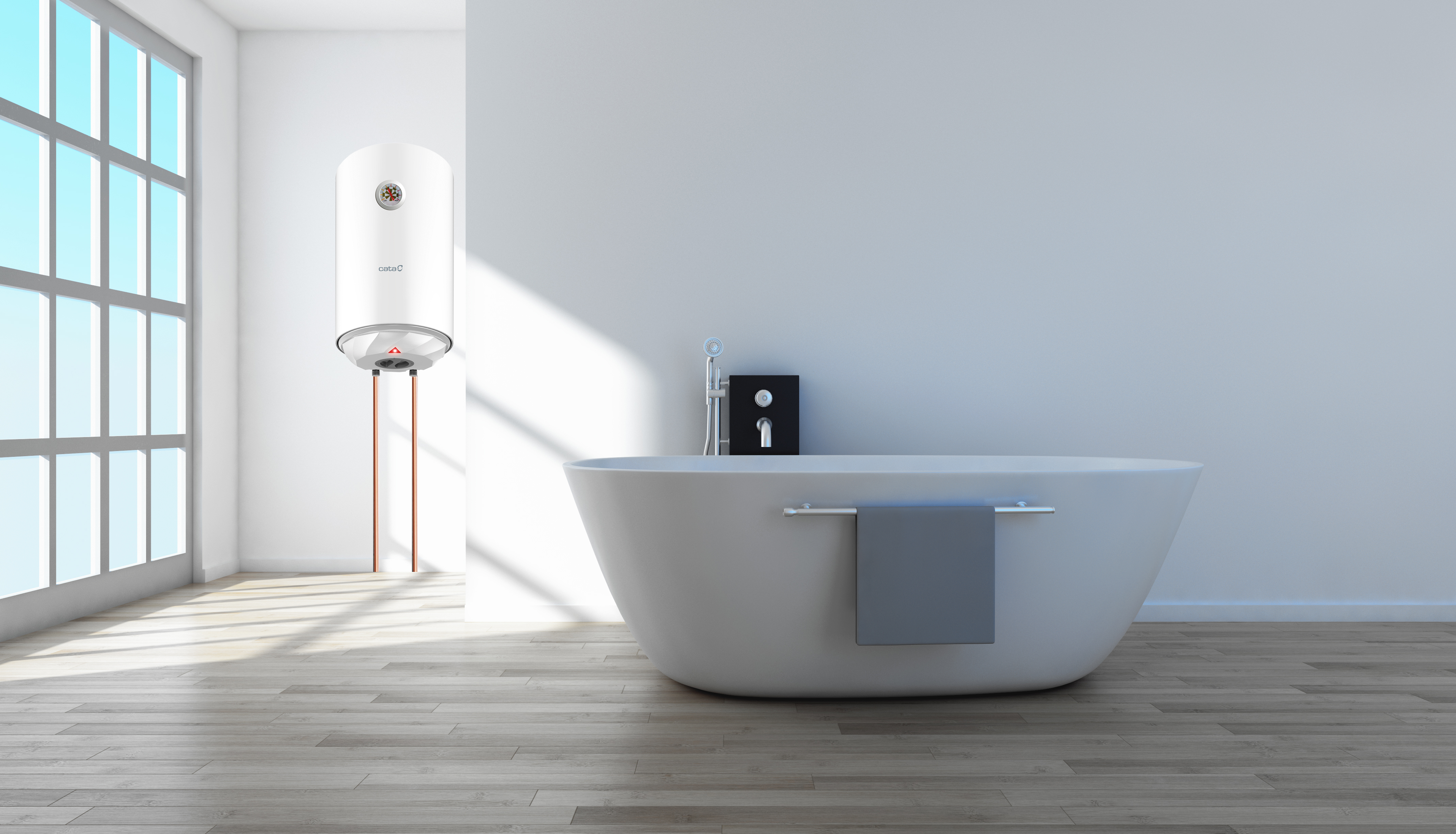 Baño con bañera blanca, calentador de agua y ventana. Incluye toallero y grifo moderno.