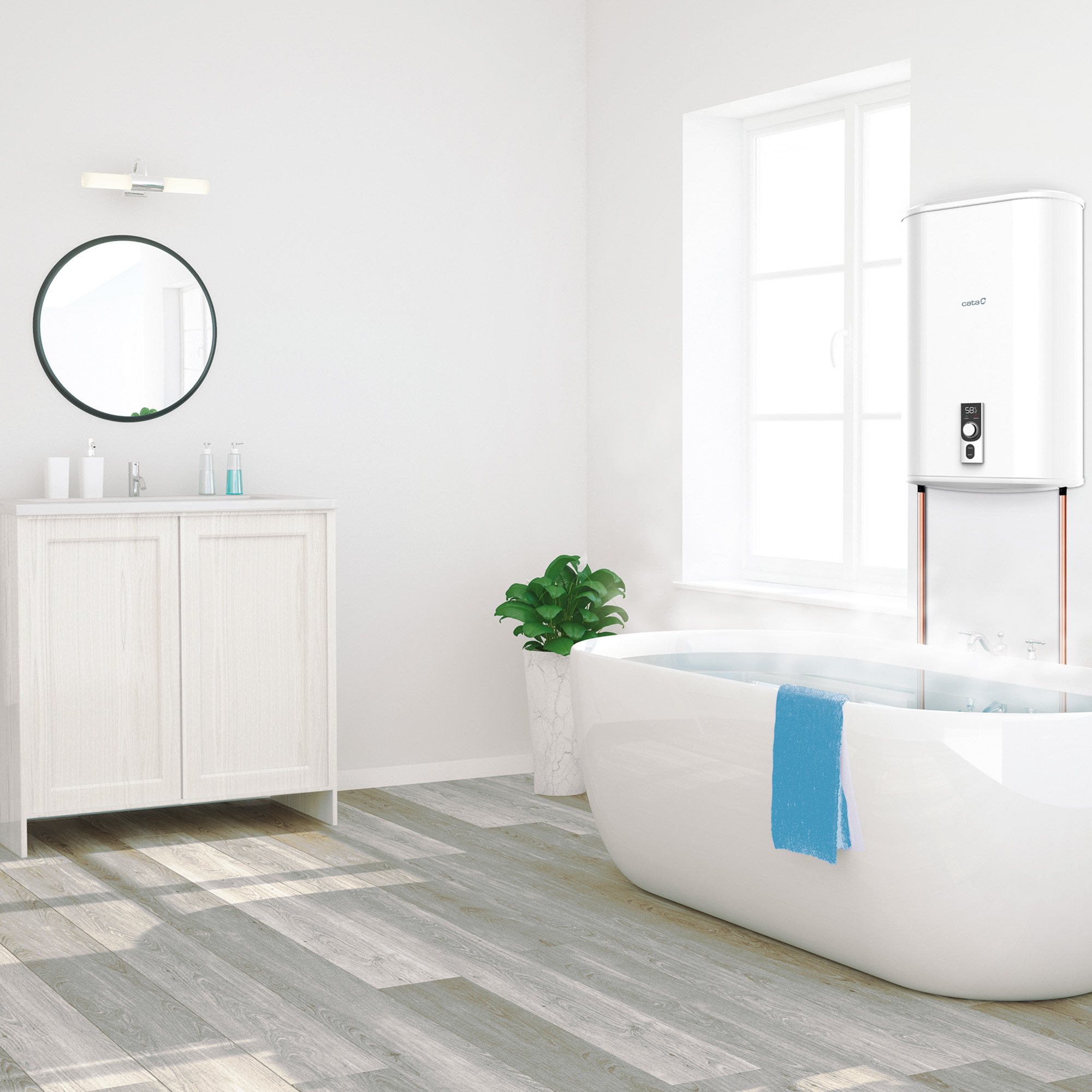 Escena de baño con bañera, lavabo y calentador de agua en la pared. Tonos blancos y grises.