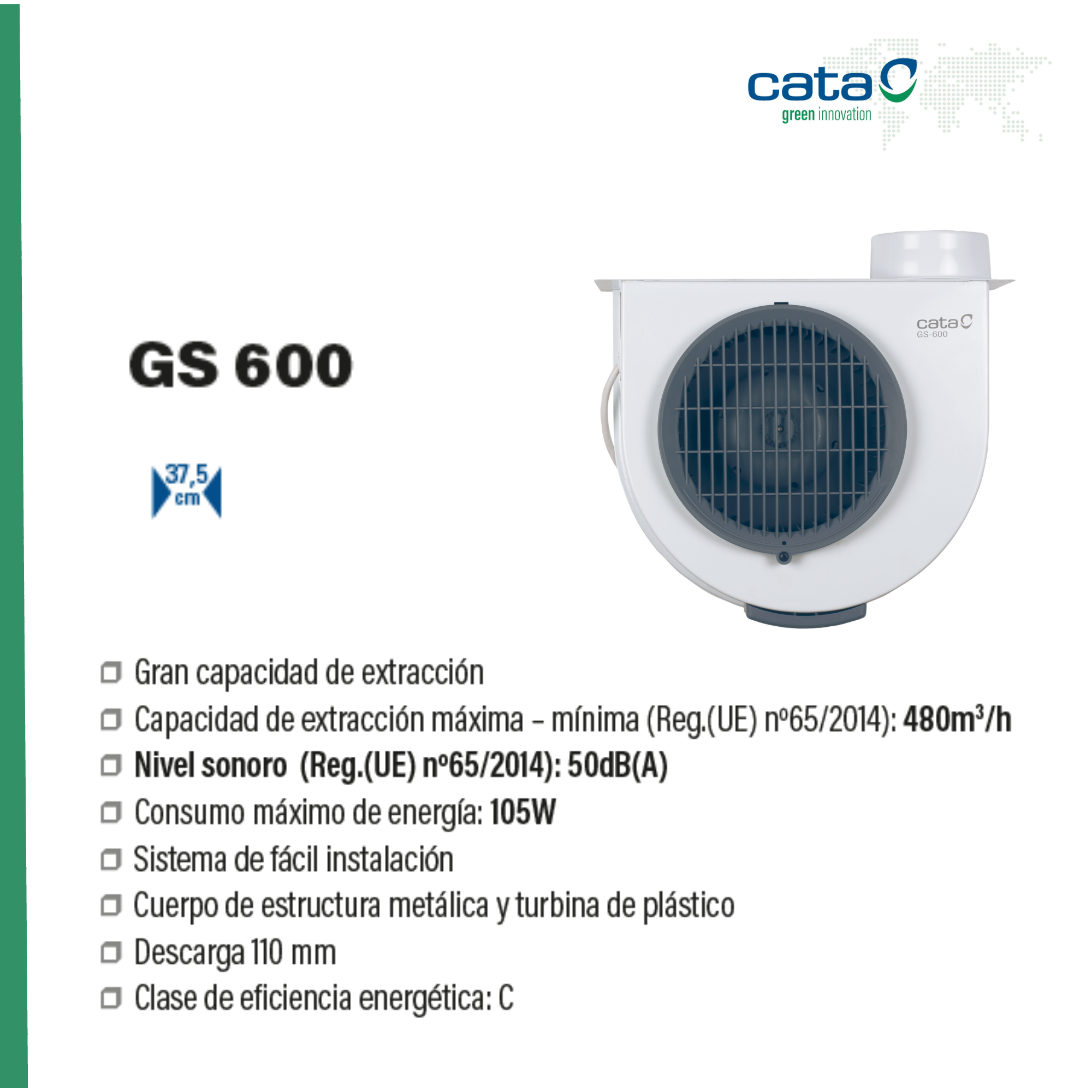Ventilador extractor Cata GS 600 con detalles. Blanco, con ventilador central negro. Etiquetas de especificaciones en la parte inferior.