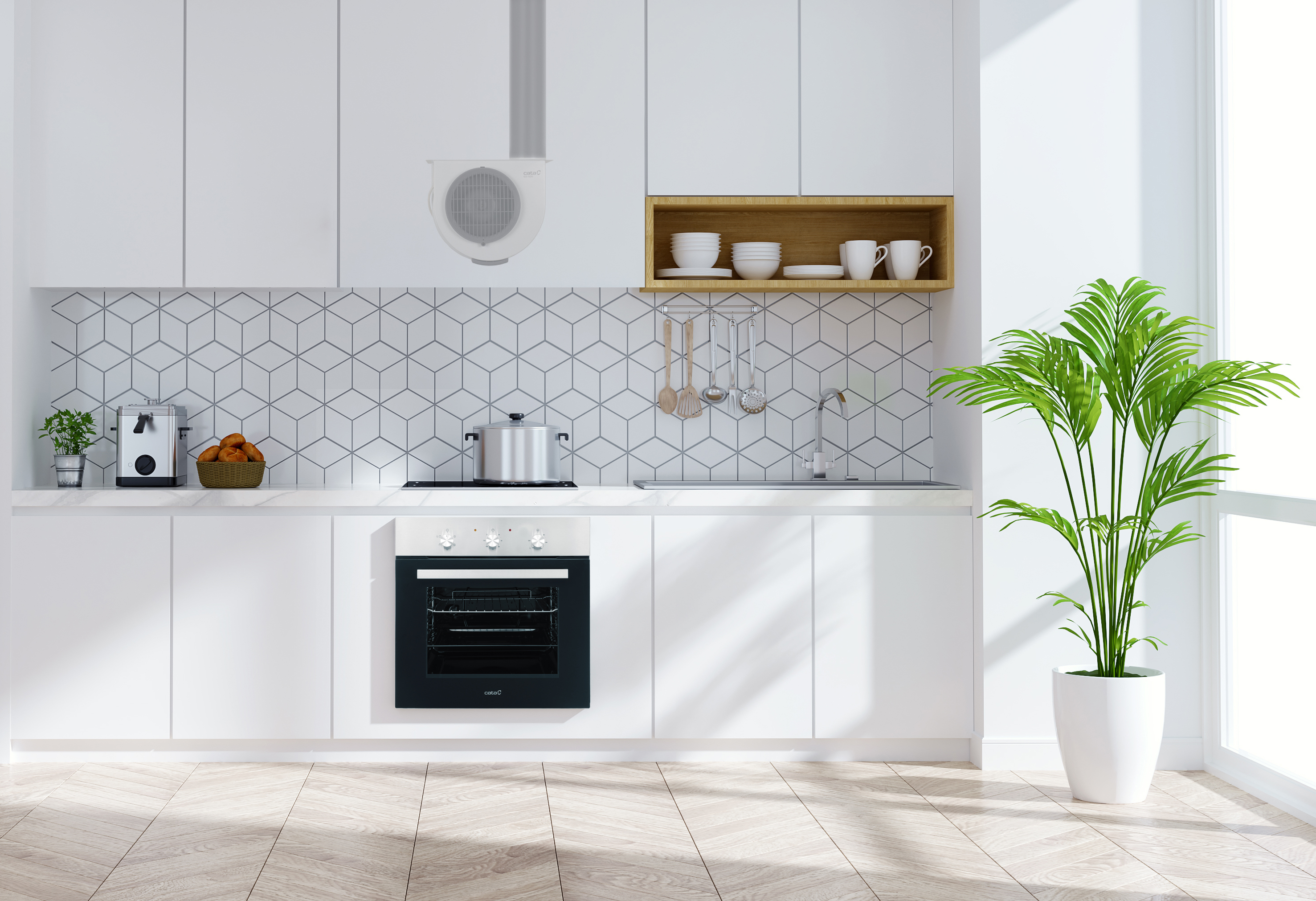 Cocina blanca con horno, estufa y armarios. Planta en la esquina derecha. Revestimiento de azulejos geométricos.