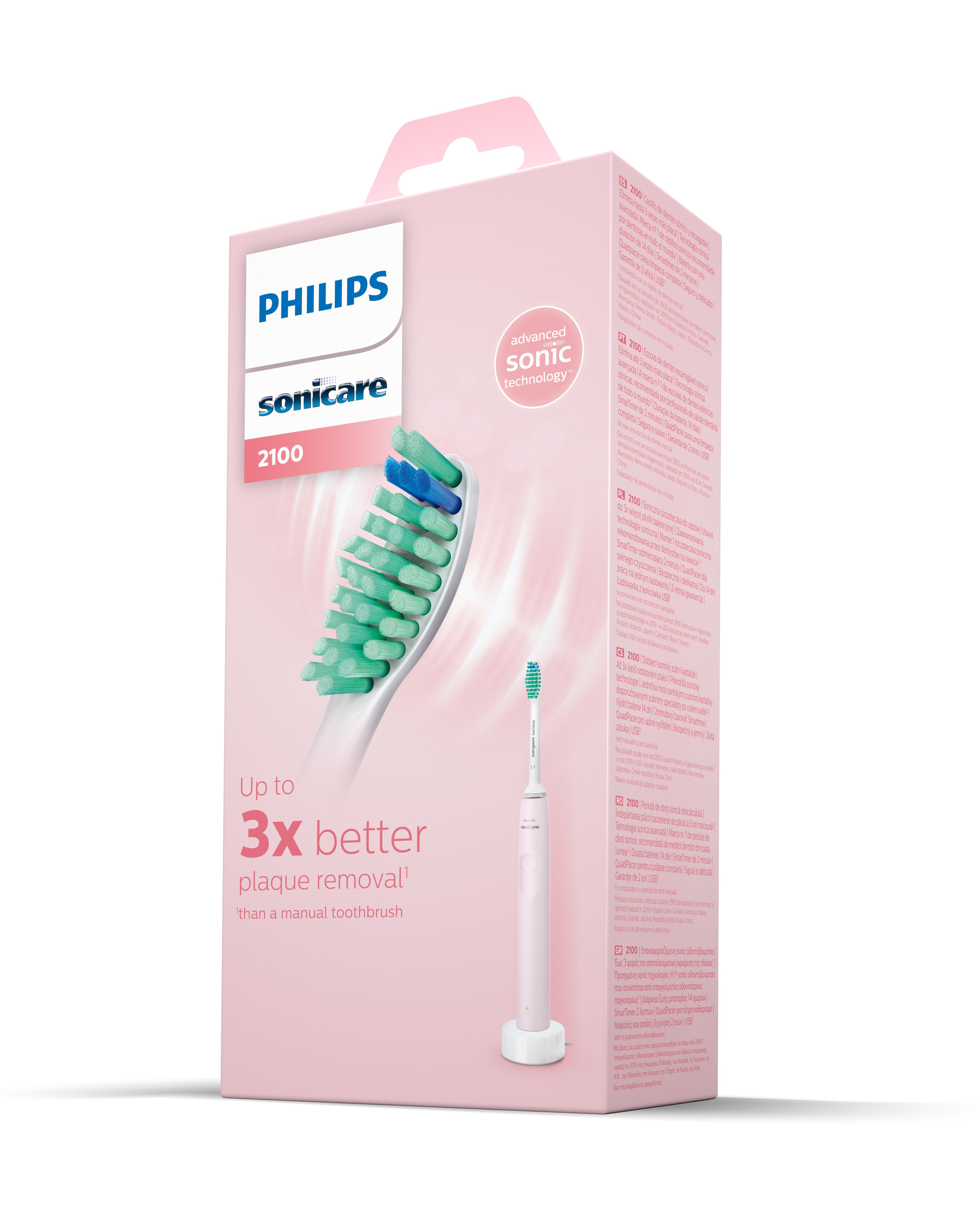 Pudełko szczoteczki do zębów Philips Sonicare. Pudełko jest różowe i zawiera szczoteczkę i końcówki.