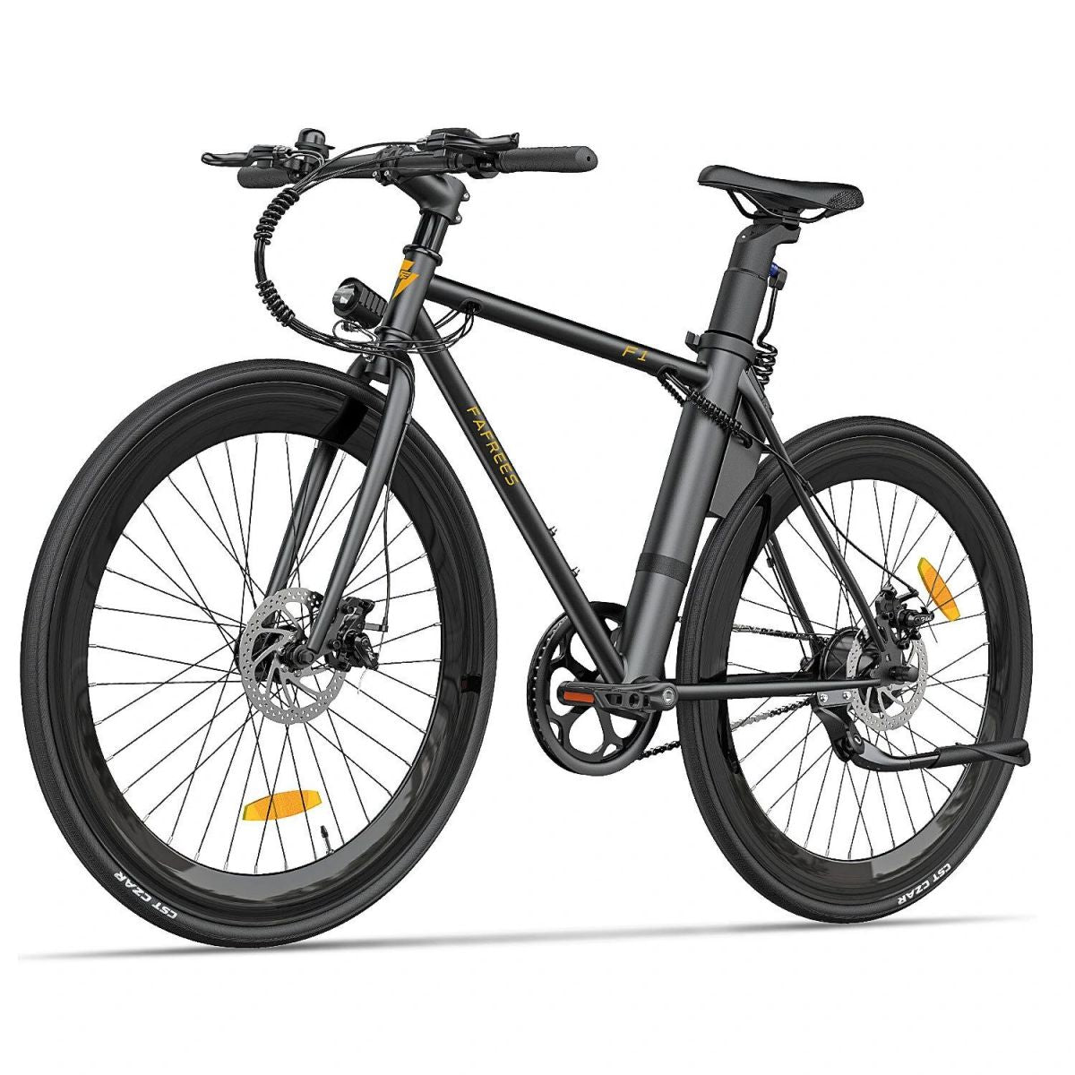 Una bicicletta elettrica nera con pneumatici neri. È su sfondo bianco.