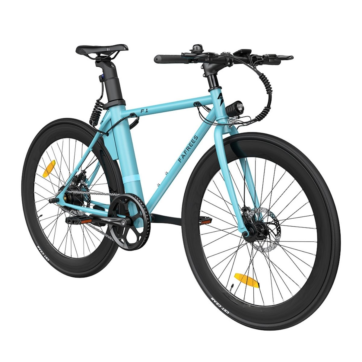 Una bicicletta elettrica azzurra con ruote nere su sfondo bianco.