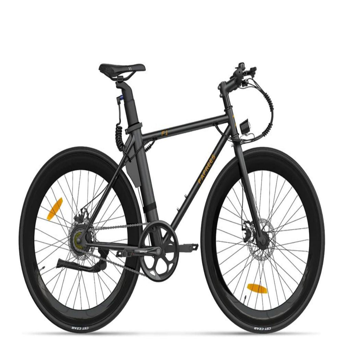 Bicicletta nera con telaio dritto. Ha pneumatici neri ed è isolata su bianco.
