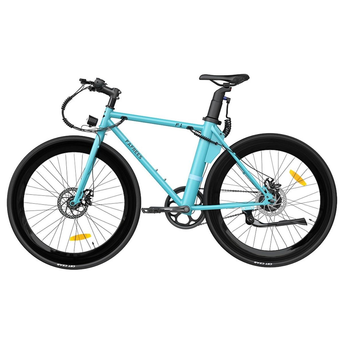 Bicicletta blu con pneumatici neri, telaio azzurro e logo 'Fafrees'.