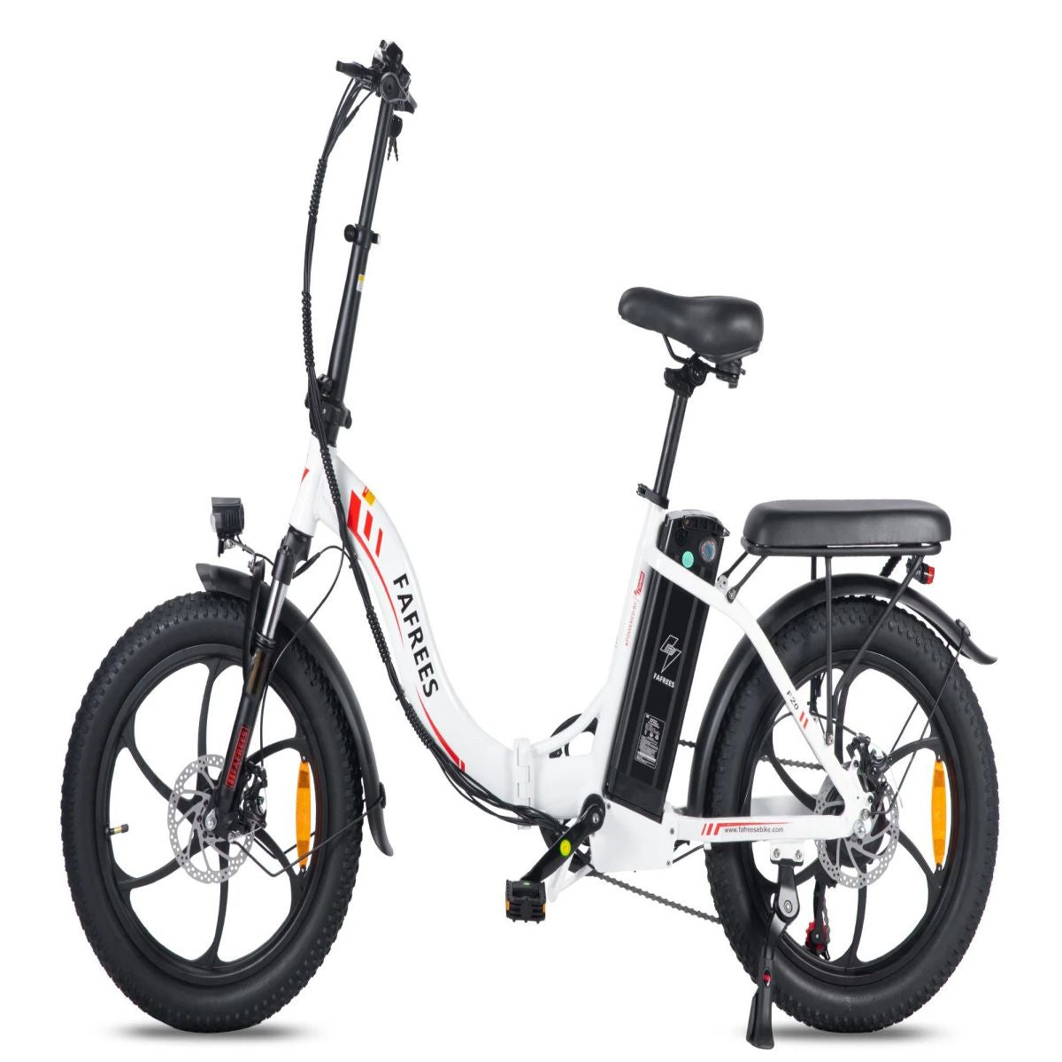 Una bici elettrica FaFreess bianca e rossa. Ha pneumatici grandi e un sedile nero. Lo sfondo è bianco.