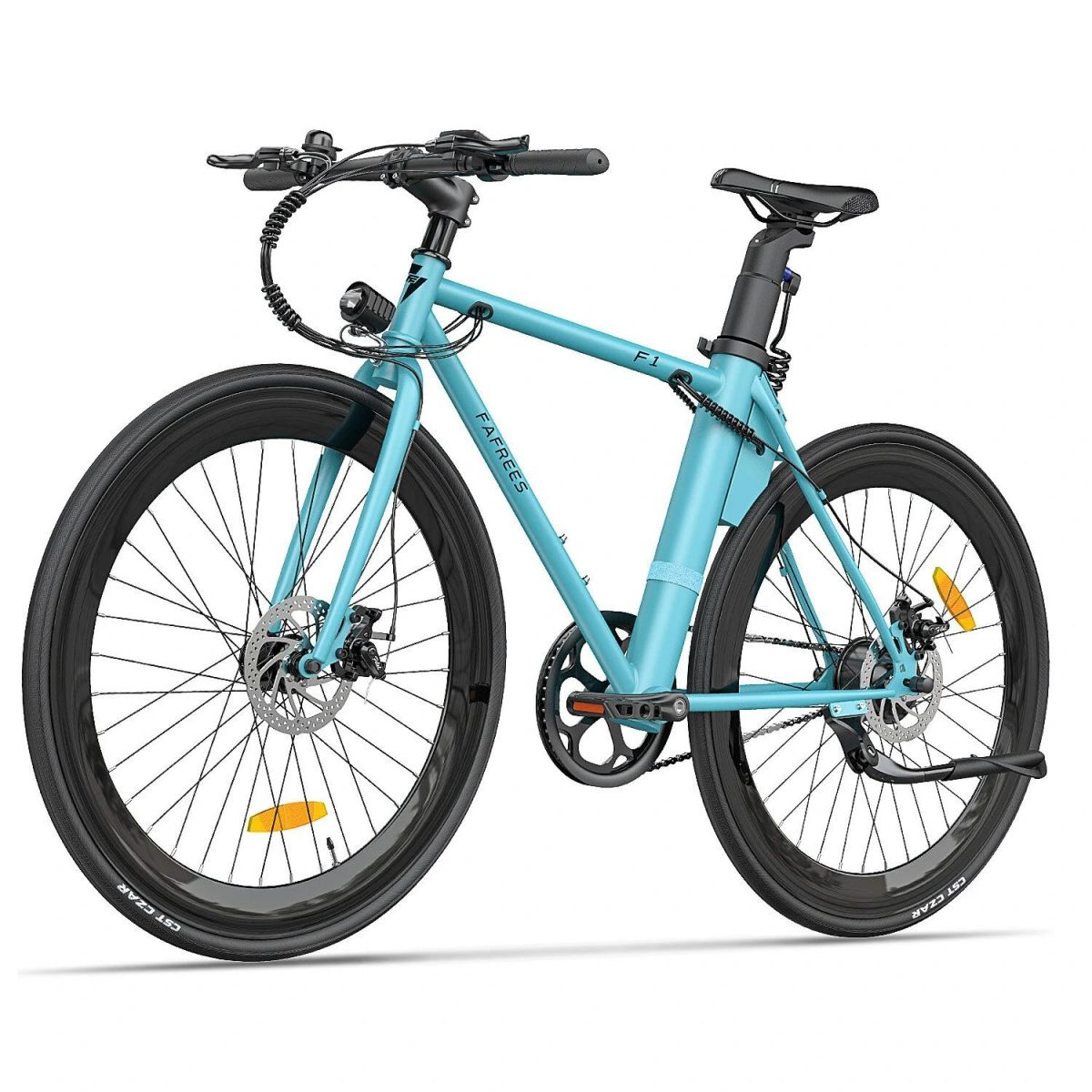 Una bicicletta elettrica azzurra, vista di lato. Ha pneumatici neri e una luce anteriore.