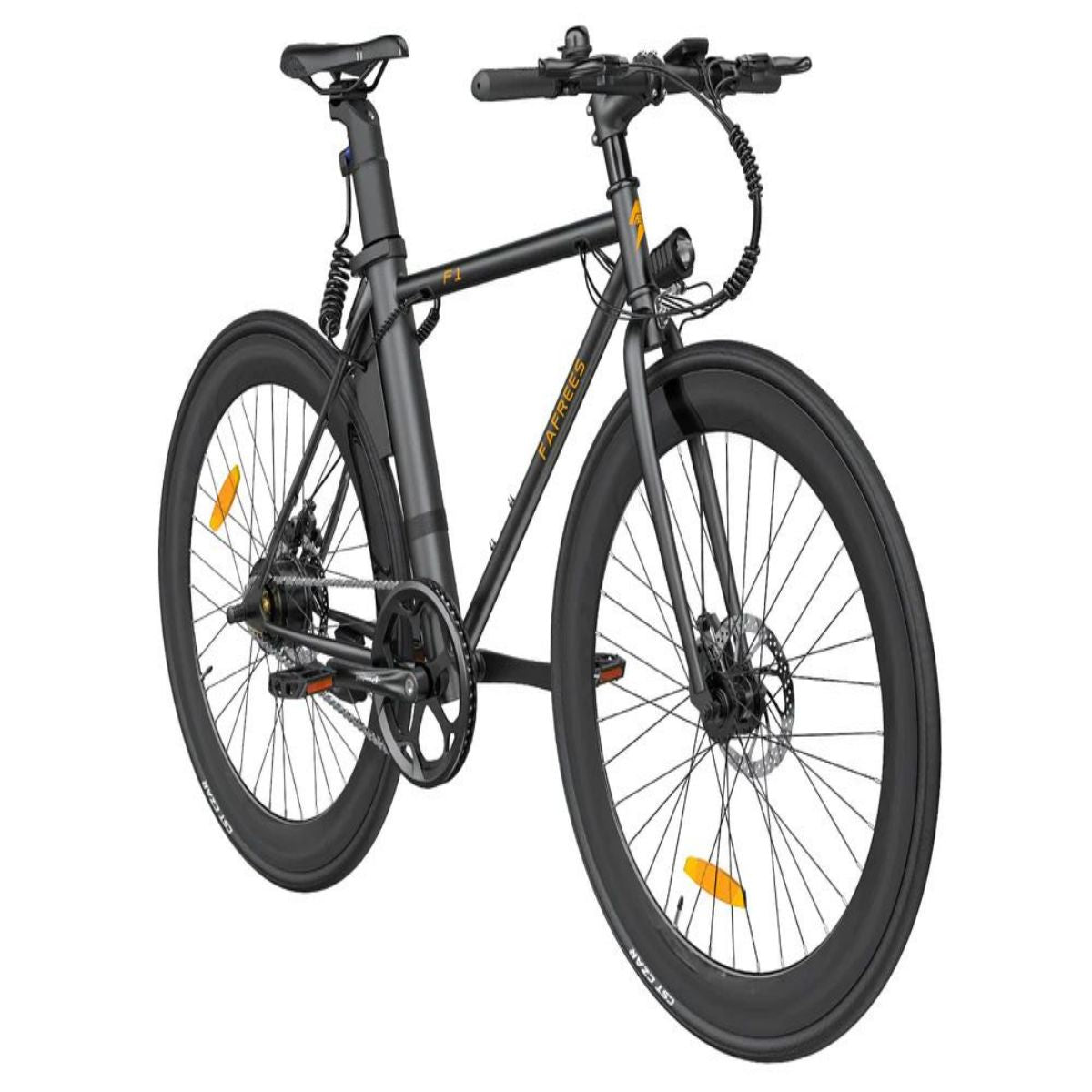 Bicicletta elettrica nera dal design elegante, vista da un'angolazione laterale su sfondo bianco.