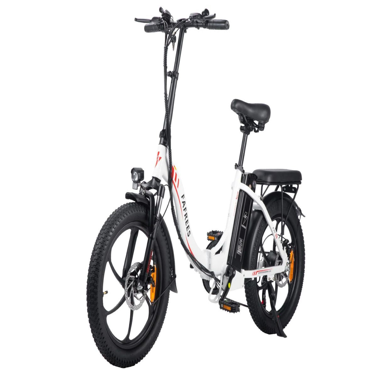 Bicicletta elettrica bianca su sfondo bianco. Il marchio 'FAFKEES' è visibile.