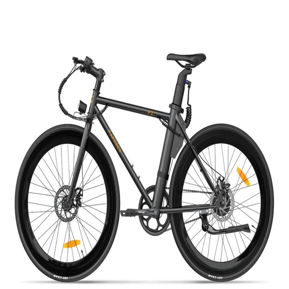 Bicicletta elettrica nera con due ruote e telaio nero su sfondo bianco.