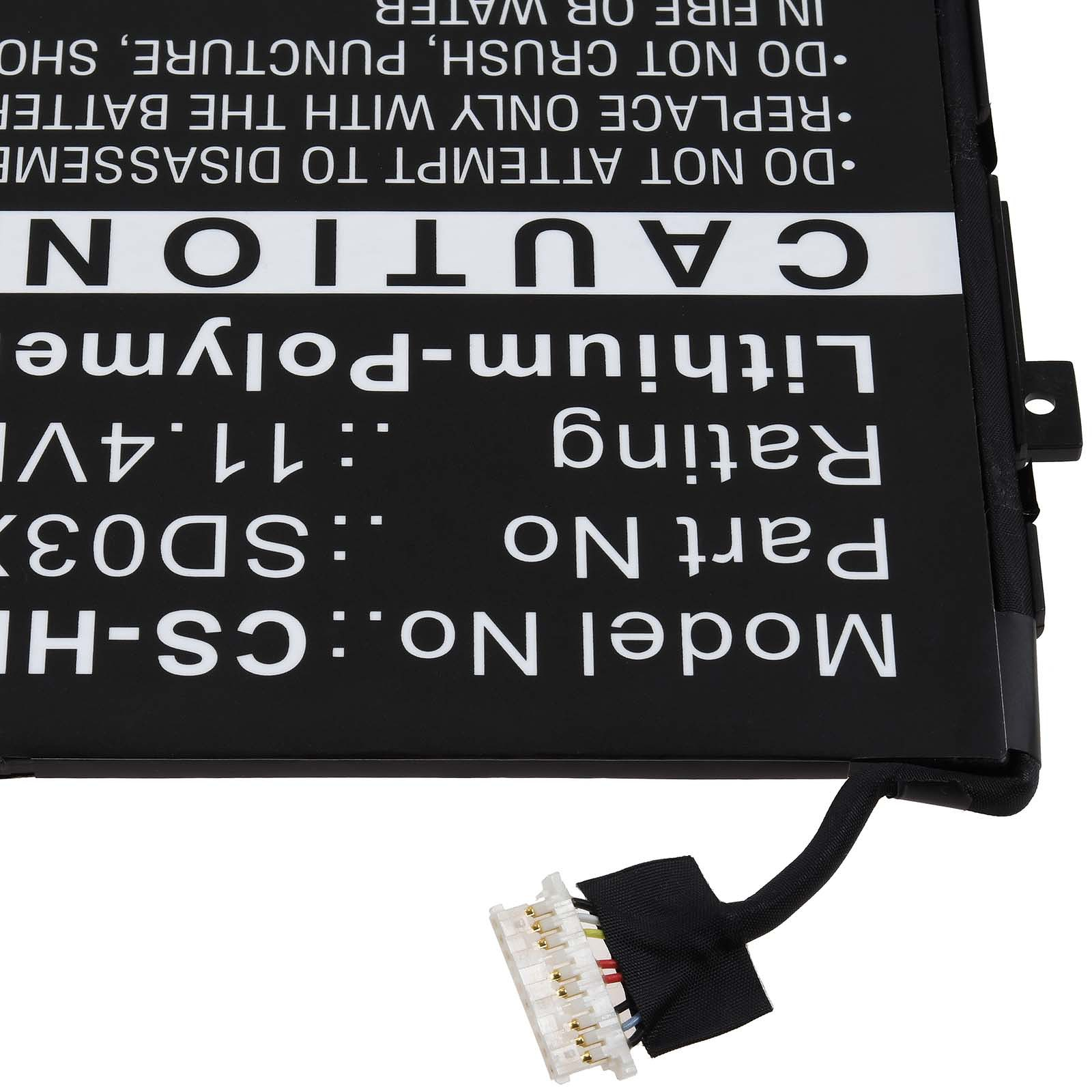 Nahaufnahme einer schwarzen Laptop-Batterie mit Warntext. Modell-Nr., Teilenummer und Bewertung sind sichtbar.
