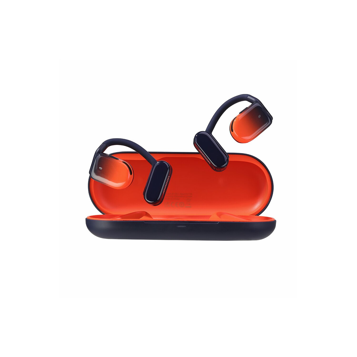 Pomarańczowo-czarne słuchawki bezprzewodowe w otwartym etui, odizolowane na białym tle, widok z góry.