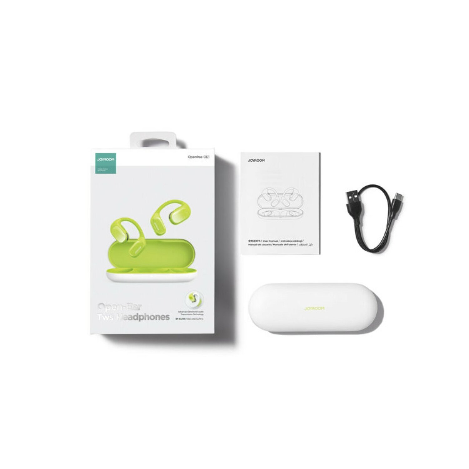 Kopfhörerbox, Kopfhörer, Ladecase und USB-Kabel. Box und Case sind weiß.